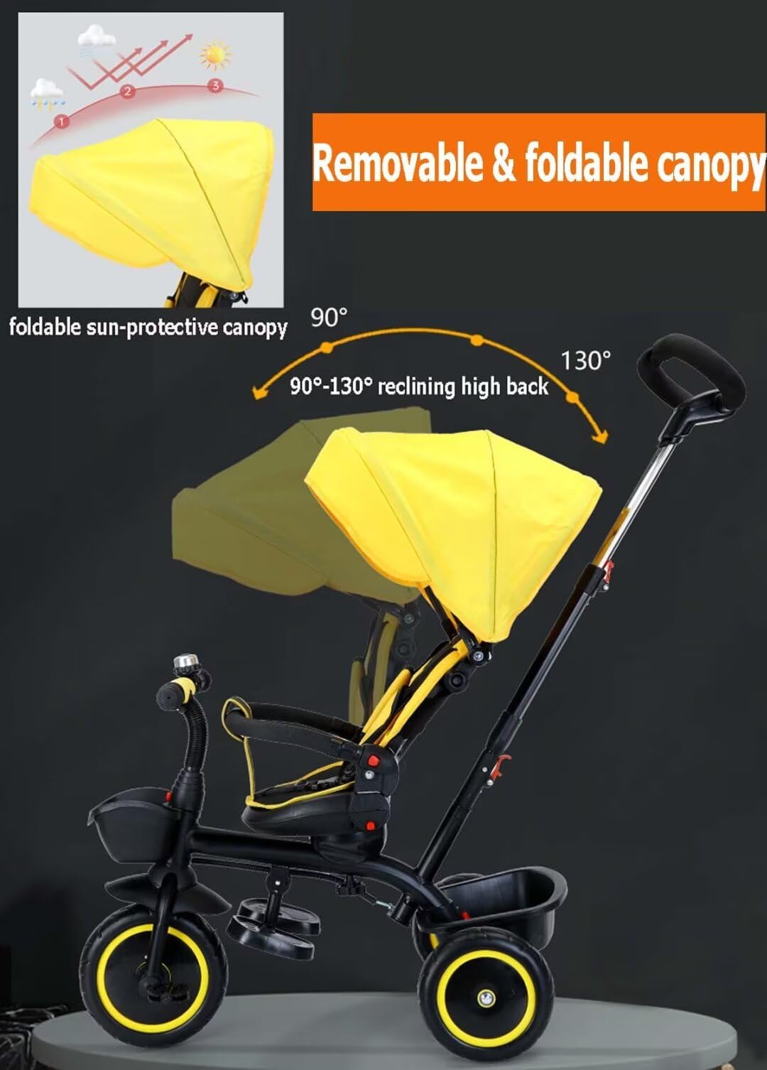 Two-Way Reversible Toddler Stroller Tricycle with Adjustable Seat, Safety Belt & Guardrail - Parent Steering Handle & Dual Rear Brakes - Black/Yellow Foam Wheels for Park Rides & Neighborhood Walks