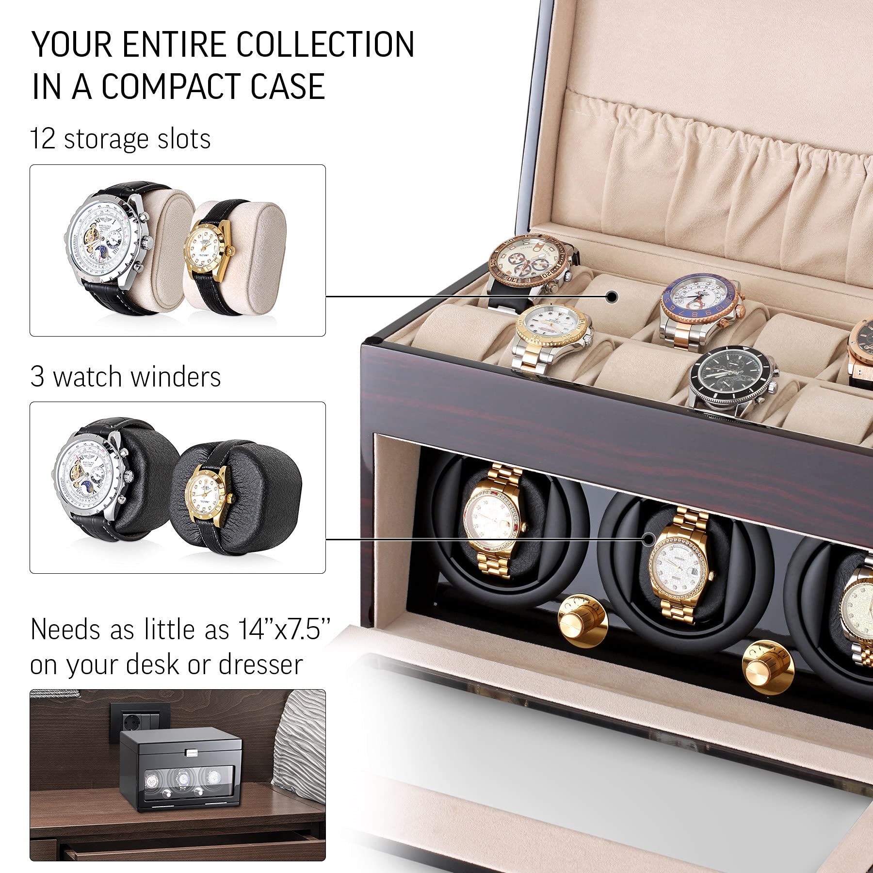 Premium Automatic Watch Winder for 3 Watches with 12-Slot Storage Box | Perfect for Automatic Watch Collection, Display & Protection | Home, Office & Travel Use