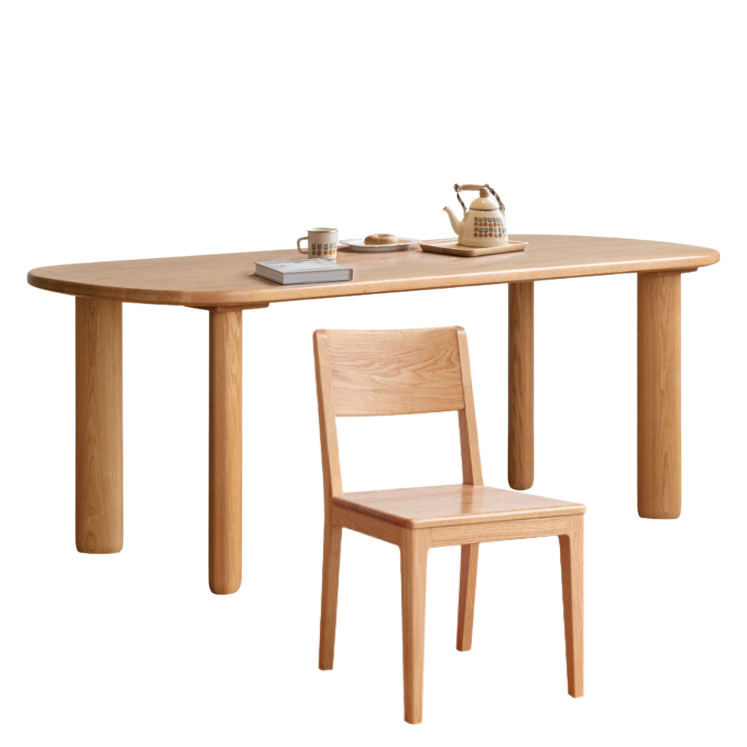 Solid Oak Wood Round Corner Long Dining Table - Rustic Farmhouse Style for Family Gatherings & Dinner Parties
