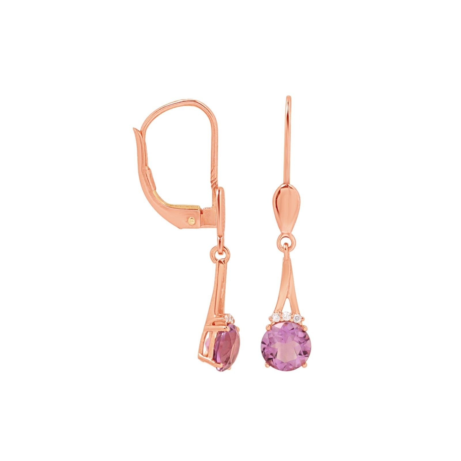 14k Rose Gold Amethyst and Diamond Drop Earrings - Elegant Purple Gemstone Jewelry for Women, Perfect for Weddings, Parties & Special Occasions