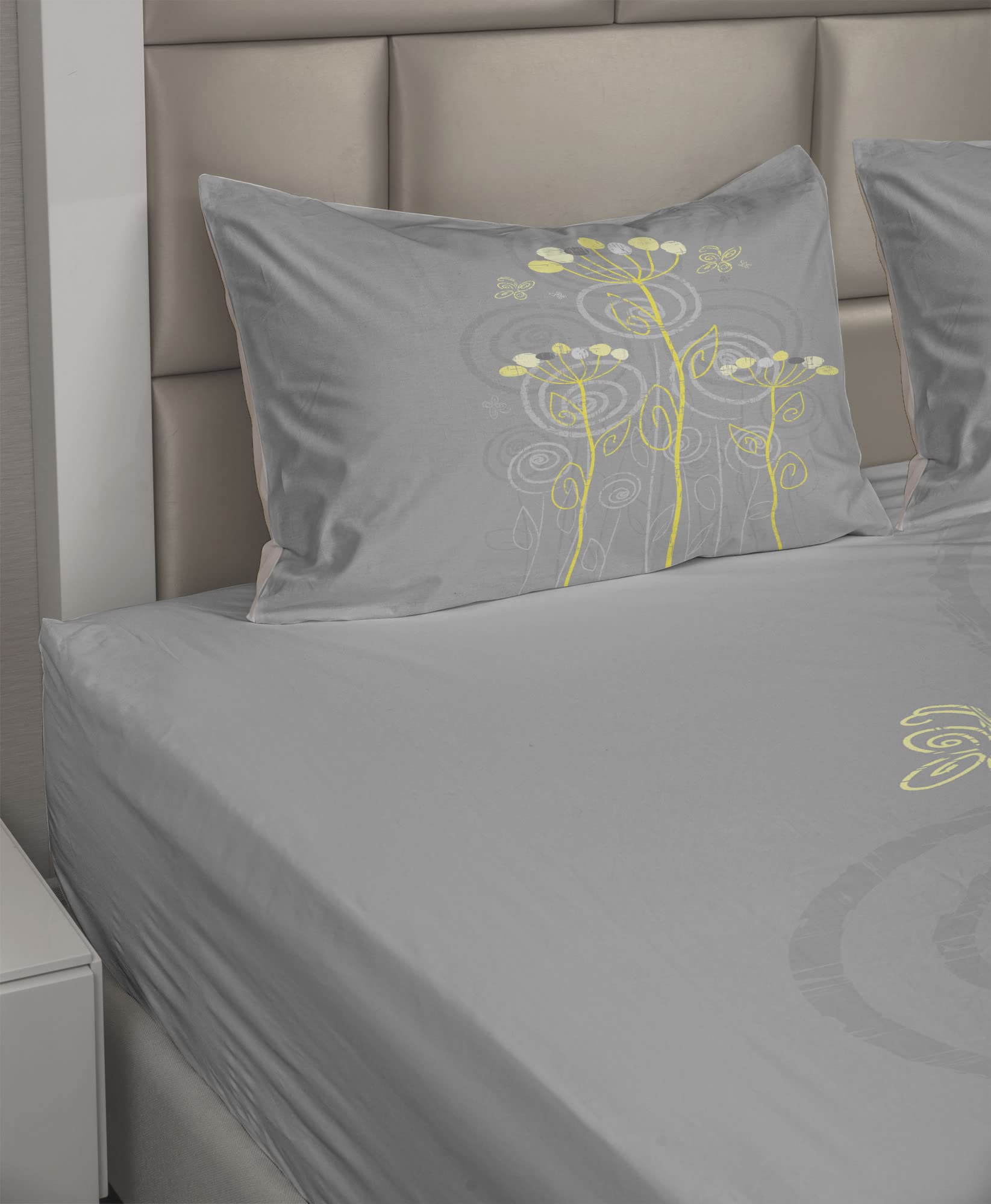 Ambesonne Grey and Yellow 4-Piece King Size Sheet Set - Under The Sea Inspired Floral Abstract Swirl Design, Includes Fitted Sheet, Flat Sheet & 2 Pillowcases - Soft Bedding for Coastal & Nautical Themed Bedrooms
