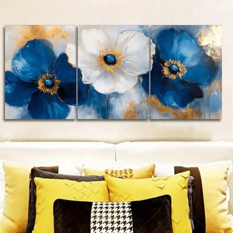 3-Piece Abstract Blue Poppies Metal Wall Art - Ready to Hang Canvas Prints for Living Room, Bedroom & Office Decor
