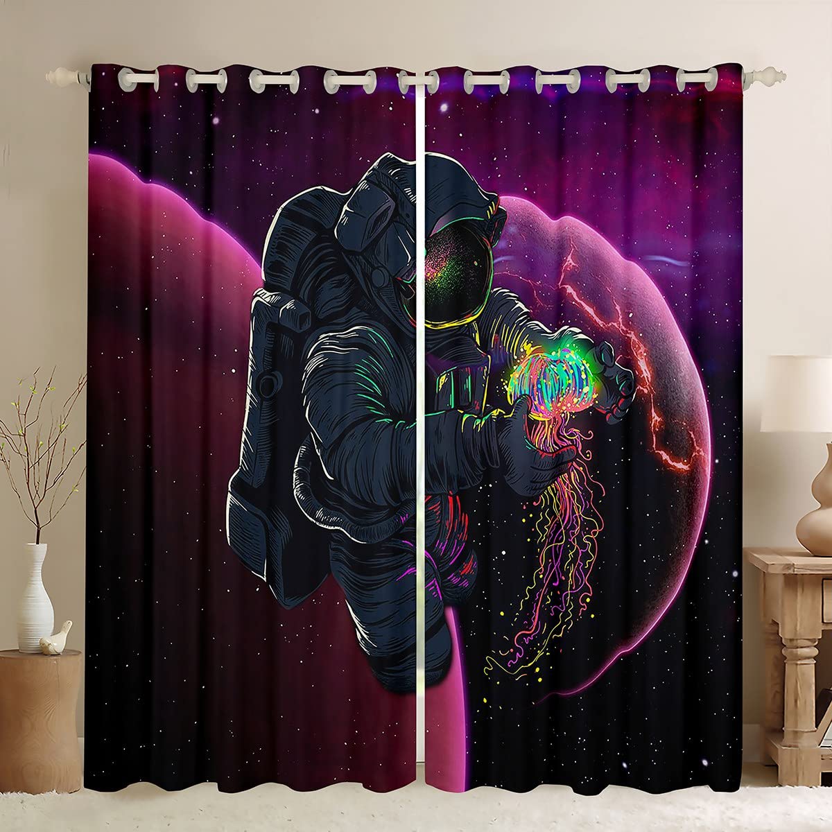 Erosebridal Space Astronaut & Trippy Jellyfish Window Curtains - 42x84 Inch Galaxy Themed Blackout Drapes for Kids Room Decor | Solar System, Planet Design | 2 Panel Set for Bedroom, Nursery, or Playroom
