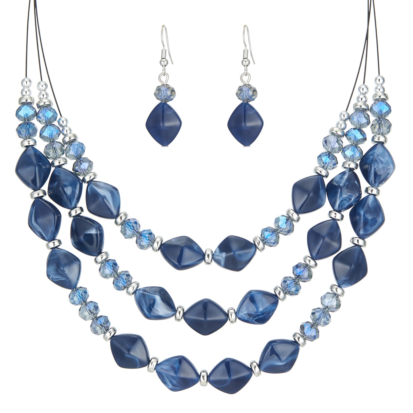 3 Layered Chunky Statement Necklace for Women - Beaded Strand Necklace Set with Matching Earrings - Boho Fashion Jewelry - Perfect Gift for Her - Great for Parties, Weddings & Date Nights