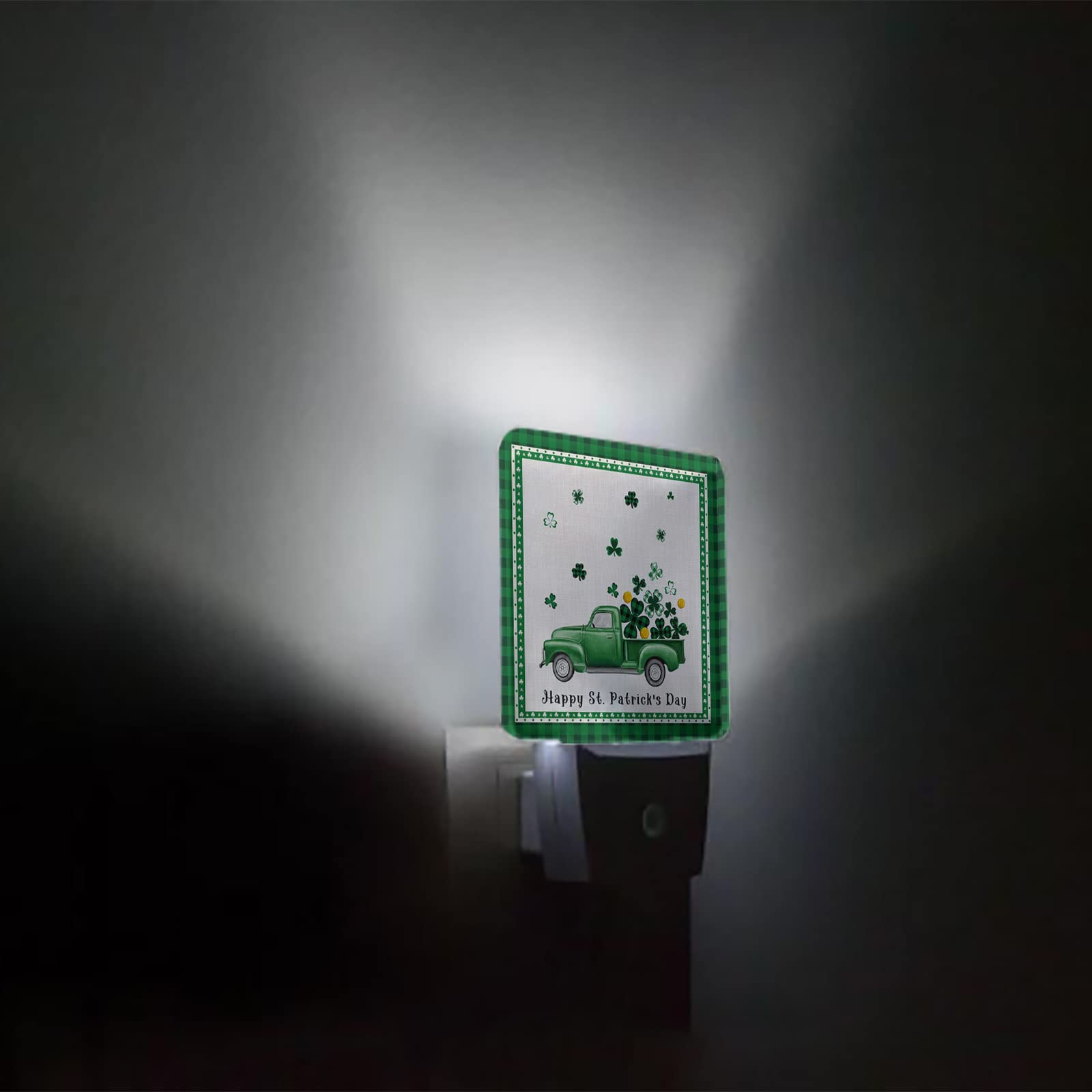 LED Night Light Plug-in with Auto Sensor | Happy St. Patrick's Day Green Truck & Lucky Shamrocks | Kids Bedroom, Bathroom, Hallway Night Lamp | Home Decor for Nursery, Stairs & Dark Spaces