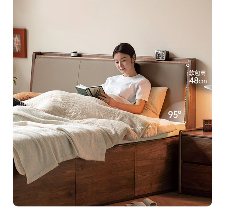 Solid Black Walnut Wood Leather-Upholstered Drawer Box Bed - Nordic Style Platform Bed with Storage for Modern Bedroom