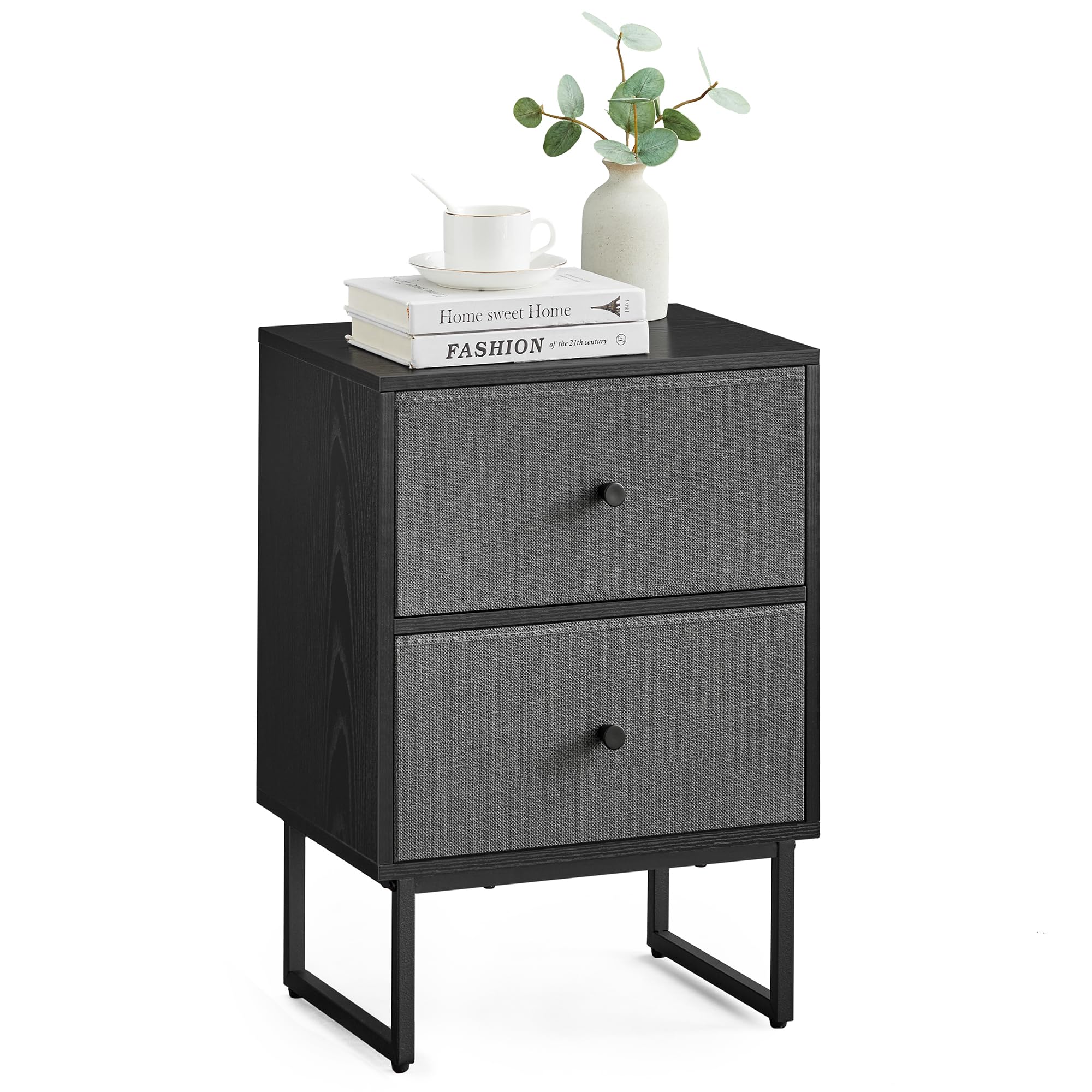 VASAGLE Nightstand with Removable Fabric Drawers - Small Bedside Table, End Table for Bedroom & Office - Compact Dresser in Ebony Black & Slate Gray - Perfect for Small Spaces, Apartment Living & Guest Rooms