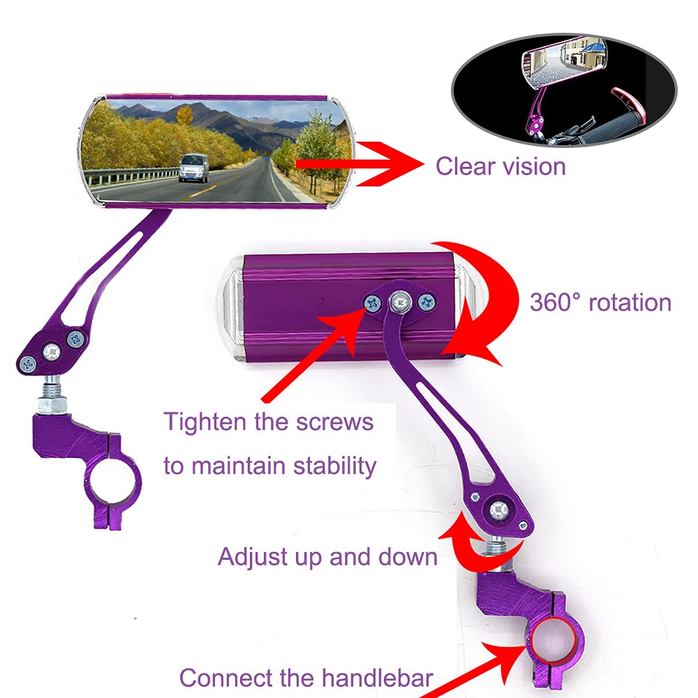 Bike Mirrors Handlebar Rearview Mirror - 2 Pack Adjustable Bicycle Mirrors for Electric, Mountain & Fixed Gear Bikes (Purple) - Perfect for Commuting, Road Safety & Urban Cycling