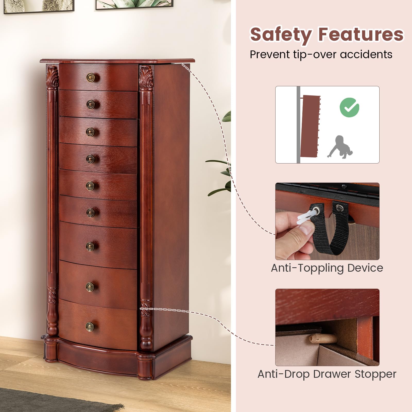 Giantex Large Jewelry Armoire Cabinet with 8 Drawers, 2 Doors & 16 Hooks - Dark Walnut Standing Mirror Storage Chest for Necklaces, Rings & Accessories | Perfect for Bedroom, Closet & Dressing Room Organization