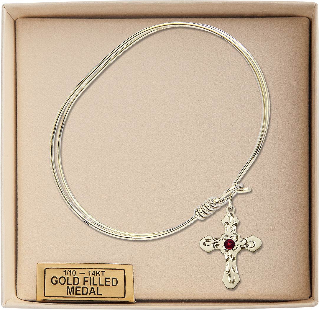 7 Inch Oval Eye Hook Bangle Bracelet with Cross Medal Charm & January Red Crystal - Elegant Jewelry for Women, Perfect for Daily Wear, Parties, and Gifts