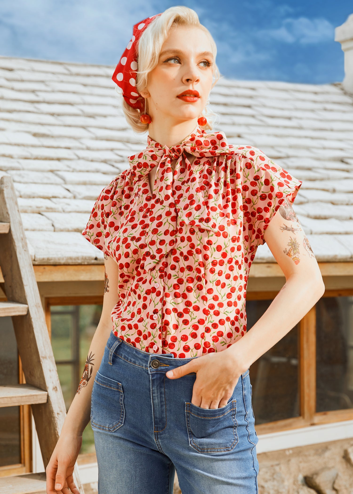 Cherry Sweet Bow Blouse for Women - Elegant Ruffled Sleeve Top for Casual Wear, Office & Date Night | Floral Print Fashion Blouse for Spring & Summer Outfits