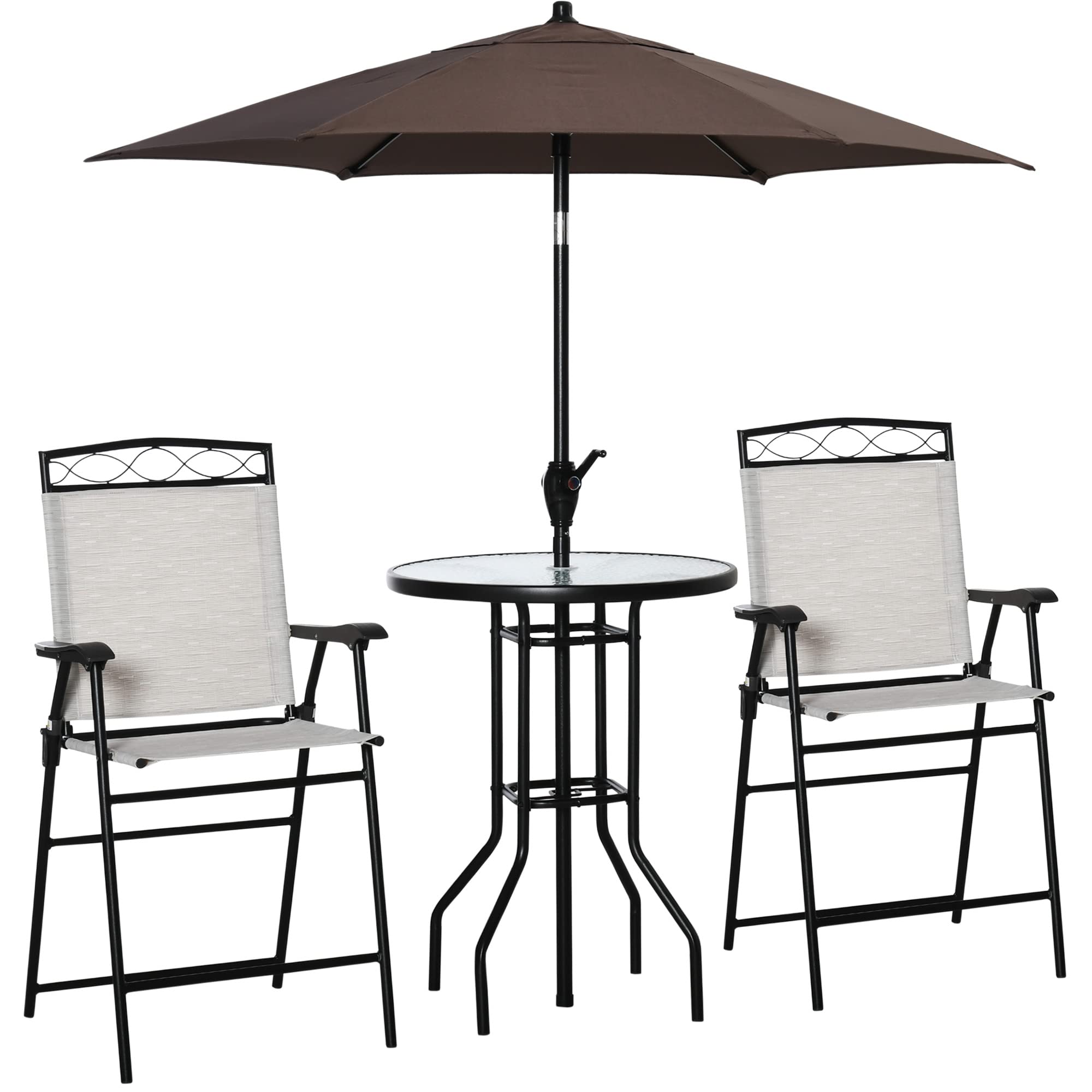 Outsunny 4-Piece Outdoor Patio Dining Set with 2 Folding Chairs, Adjustable Umbrella & Tempered Glass Table - Beige Wicker Furniture for Garden, Backyard, Poolside or Balcony