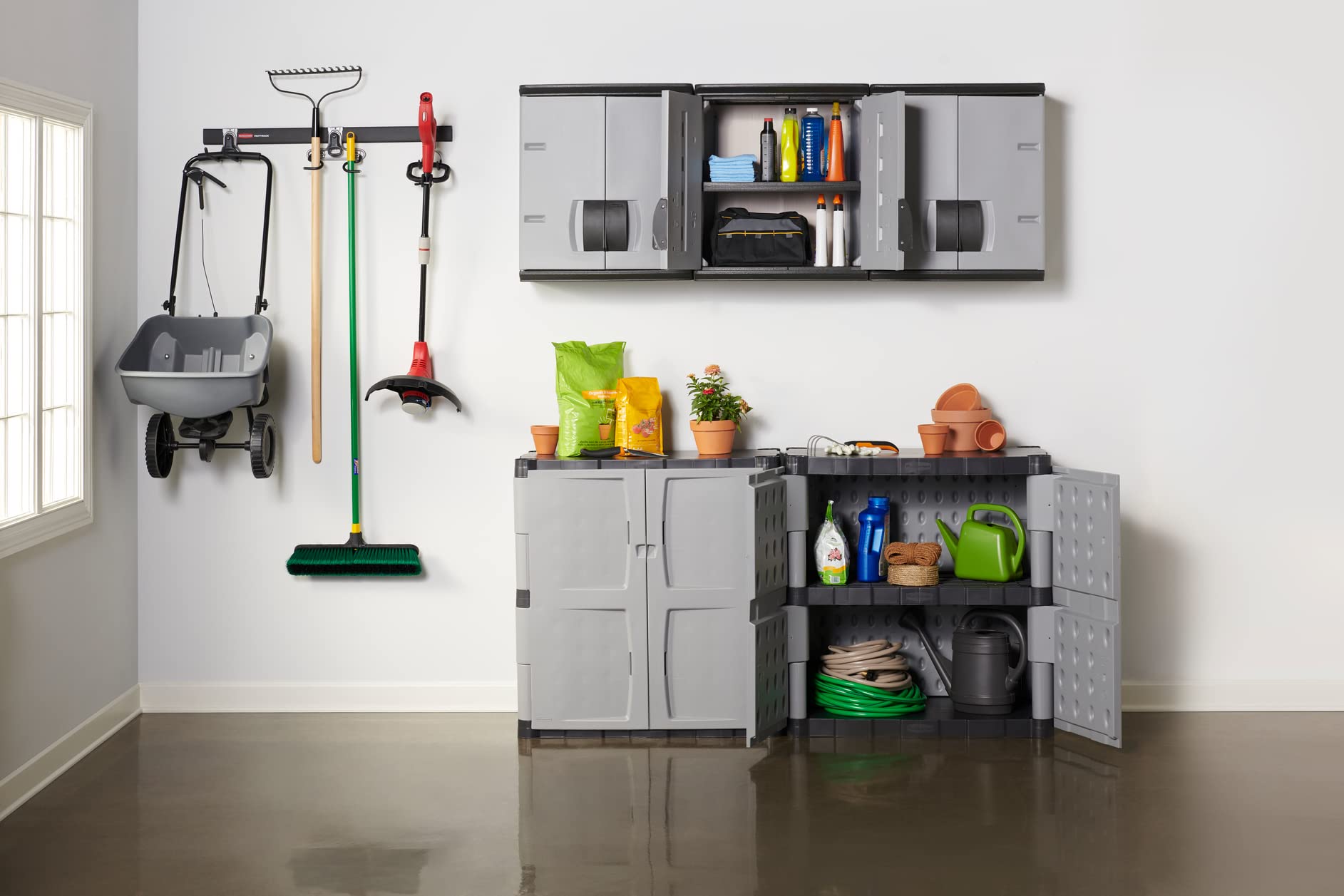 Rubbermaid Heavy Duty Wall Mounted Storage Cabinet - 150 lb Capacity, Lockable Gray 3-Shelf Organizer for Tools, Car Accessories & Cleaning Supplies | Perfect for Garage, Home & Outdoor Storage Organization