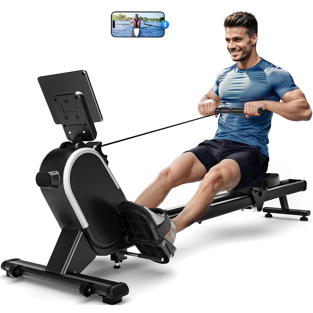 MOSUNY Magnetic Rowing Machine for Home - 350 LB Weight Capacity, 16-Level Resistance, Dual Slide Rail System with Bluetooth & App Connectivity - Perfect for Home Gym, Cardio Workouts & Full-Body Training (2025 Model)