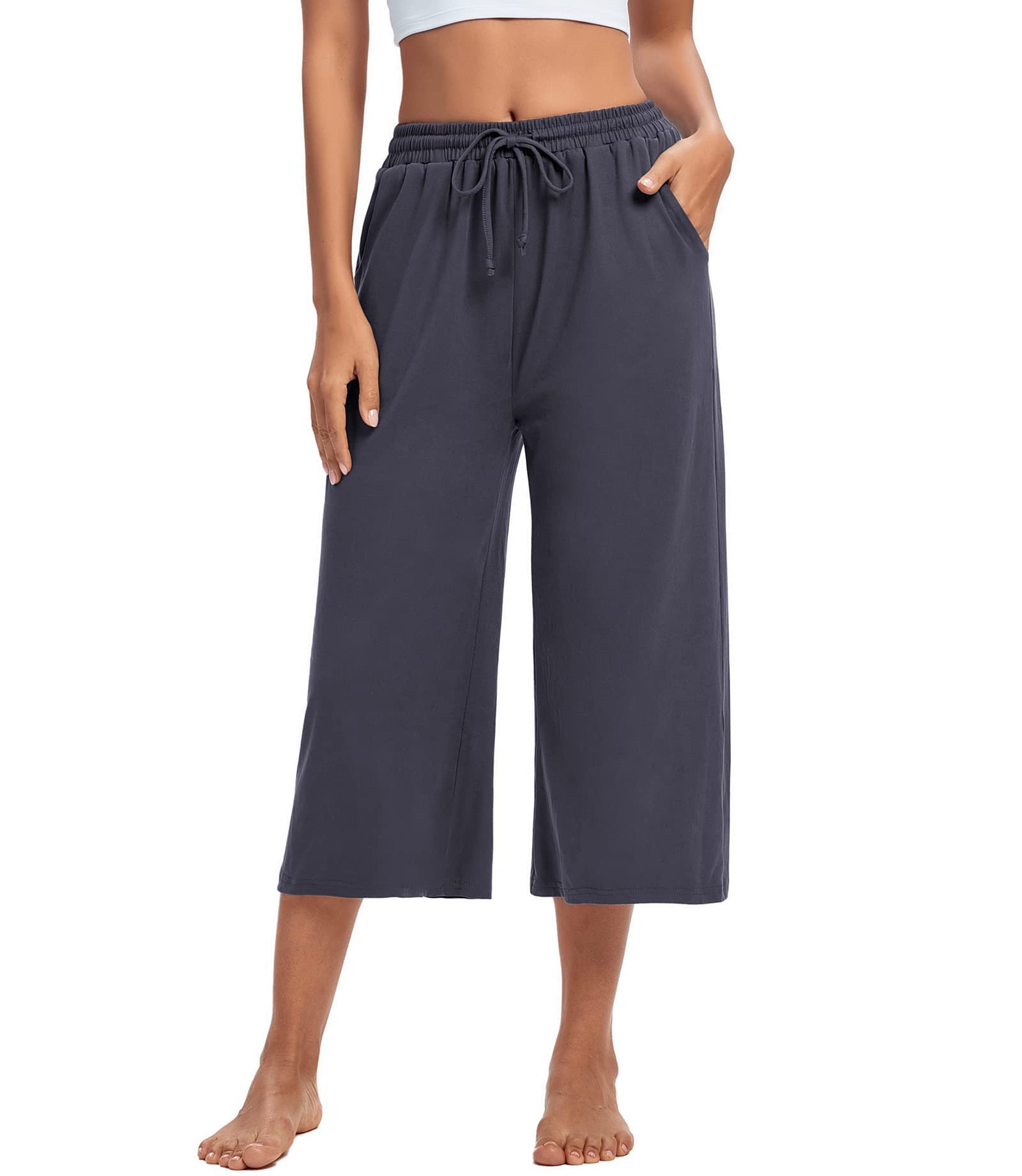 ASIMOON Women's Wide Leg Yoga Pants with Drawstring & Pockets - Comfortable Lounge Capris for Workout, Running, Travel & Casual Wear