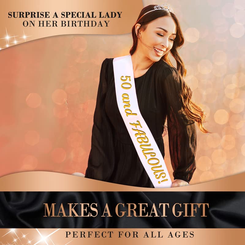 50th Birthday Sash and Crown Set - Gold '50 & Fabulous' Birthday Decorations for Women - Elegant 50th Birthday Party Supplies - Perfect for Milestone Celebrations, Bachelorette Parties & Photo Props