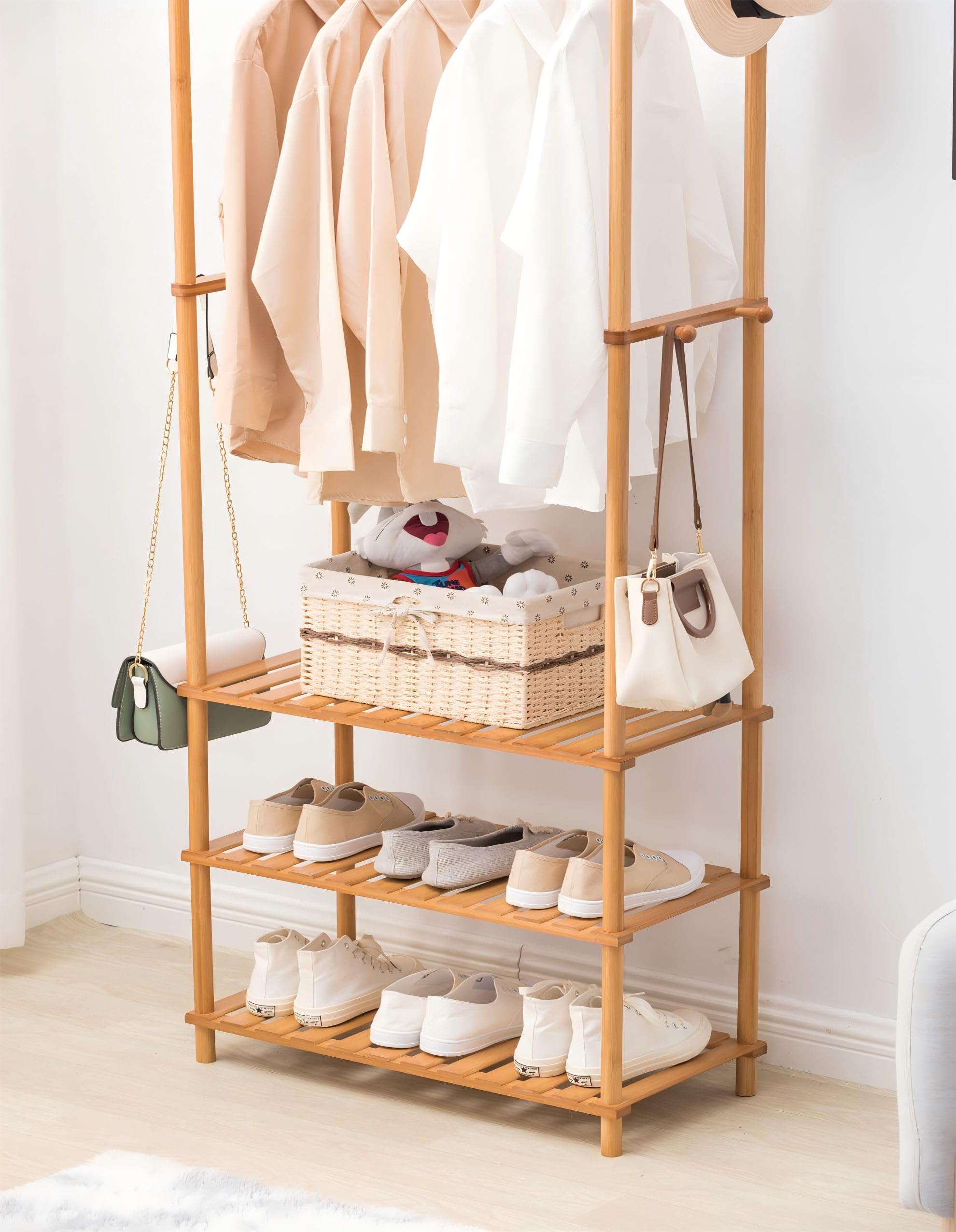 JKVPVANT 5-Tier Wooden Coat Rack with Shelves - Freestanding Clothes Hanger Organizer for Jackets, Hats, Umbrellas & Pants - Space-Saving Entryway & Bedroom Storage Solution (Natural Wood) - Perfect for Small Apartments, Dorm Rooms & Closet Organization