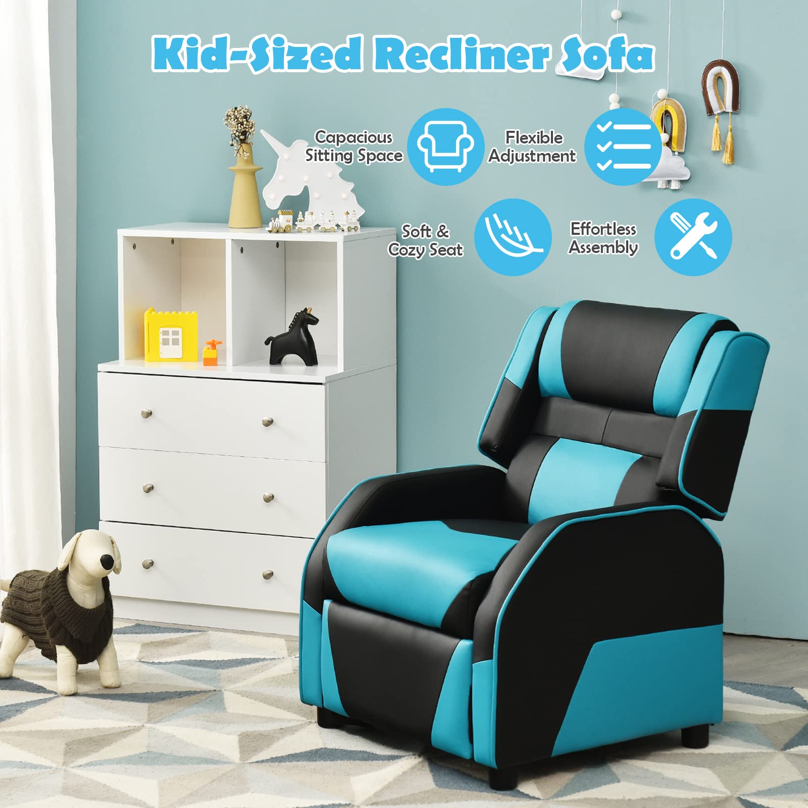 COSTWAY Kids Recliner Sofa - Adjustable Toddler Leather Recliner Chair with Footrest & Headrest, Gaming Reclining Chair for Boys & Girls Ages 3+, Perfect for Living Room, Bedroom & Playroom (Blue) - Ideal for Movie Nights, Gaming & Relaxing