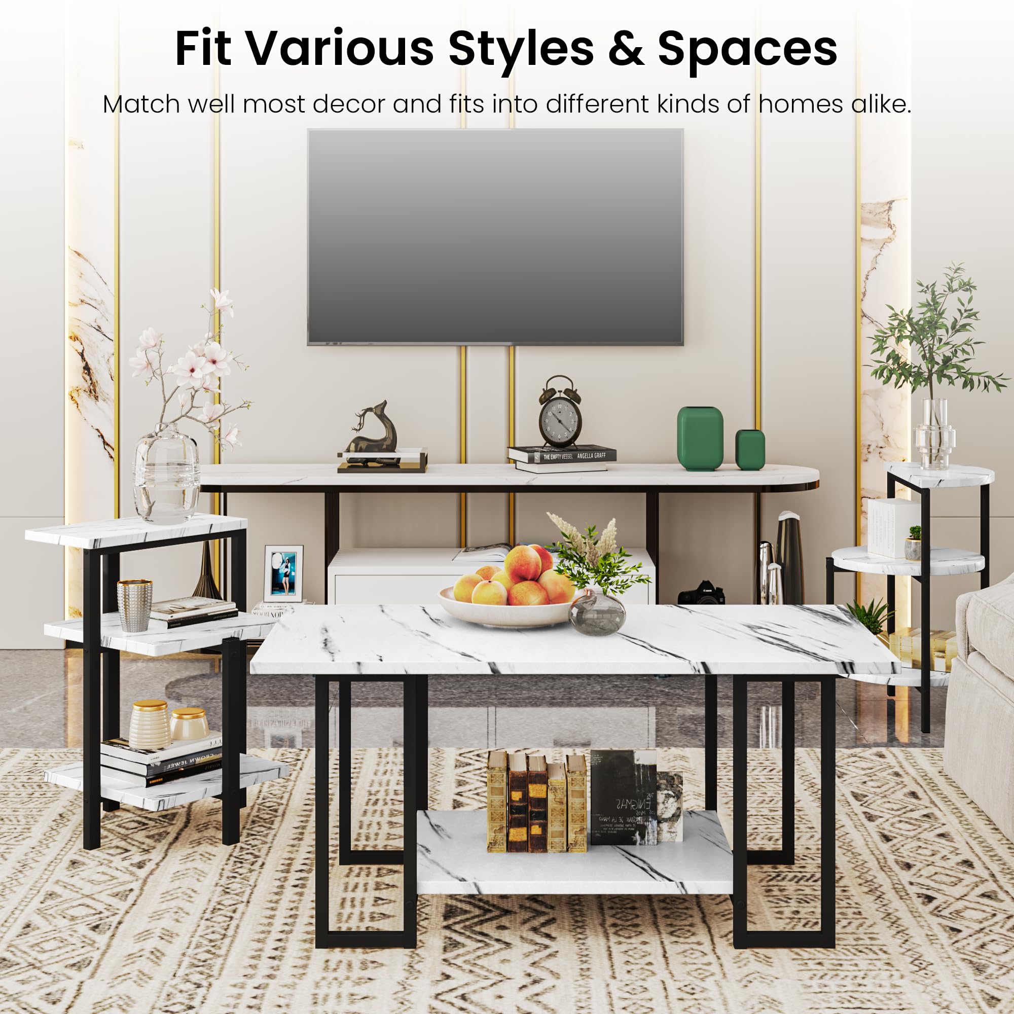 3-Piece Faux Marble Coffee Table Set - White Tabletop & Black Metal Frame Living Room Tables (Coffee Table + 2 End Tables) - Perfect for Modern Apartments, Small Spaces & Lounge Areas