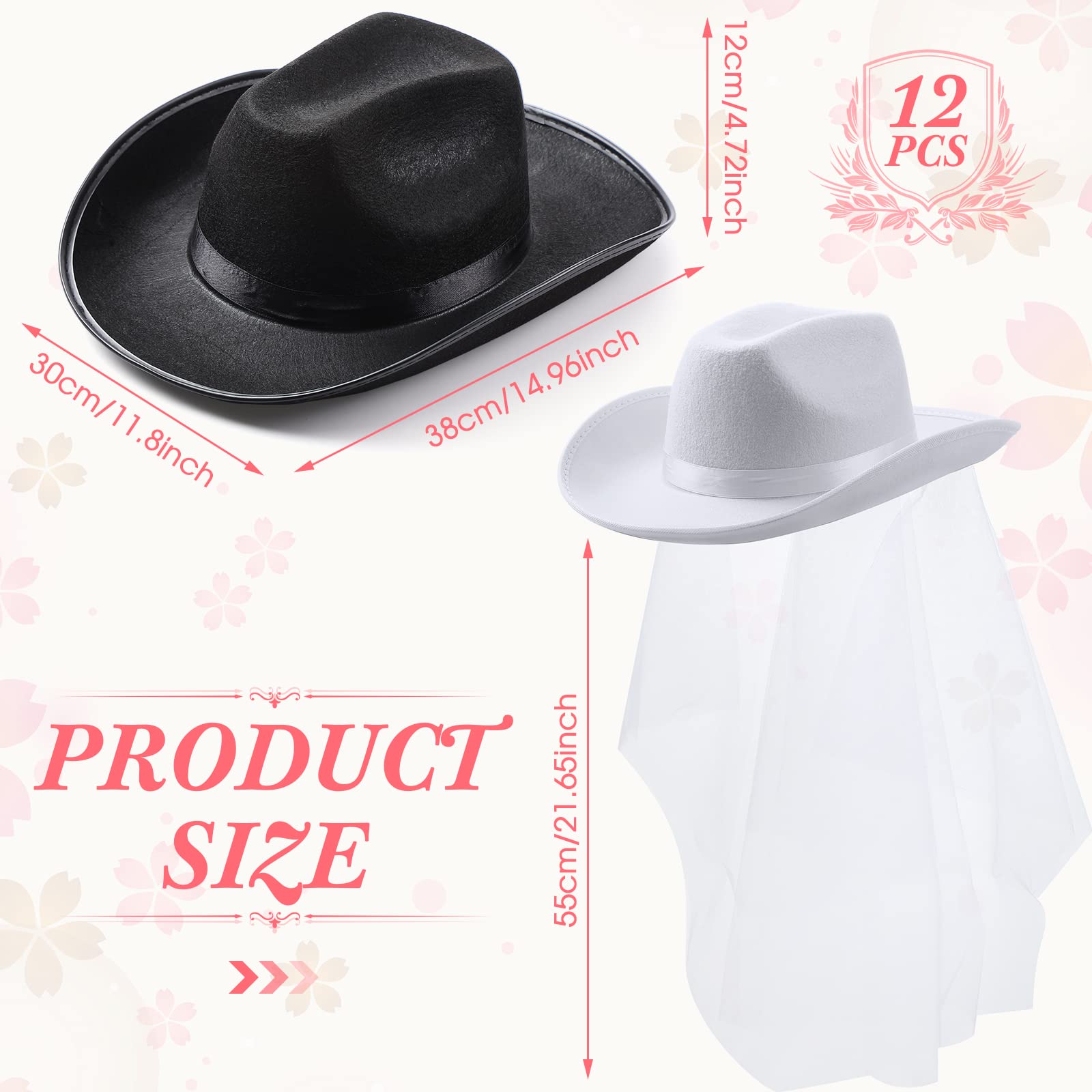 12 Pcs Women's Cowgirl Cowboy Hats - Western Bachelorette Party Hats for Bridal Shower, Wedding, Engagement, Halloween & Cosplay - Perfect for Country Themed Parties, Festivals and Costume Events