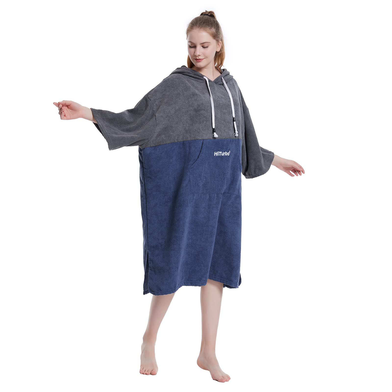 Hiturbo Quick Dry Changing Robe - Absorbent Microfiber Surf Poncho with Hood & 3/4 Sleeves for Beach, Swimming, Surfing & Bathing - Perfect for Post-Water Activities & Outdoor Adventures