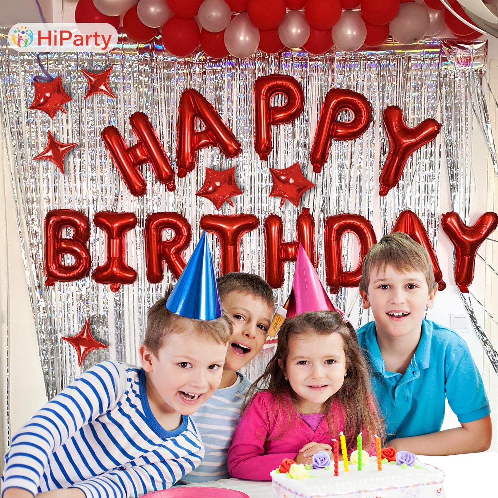3D Mylar Foil Happy Birthday Balloons Banner Set with 6 Star Balloons - Birthday Party Decorations for Kids, Girls, Women & Adults - Perfect for Indoor/Outdoor Birthday Celebrations, Baby Showers & Anniversary Parties