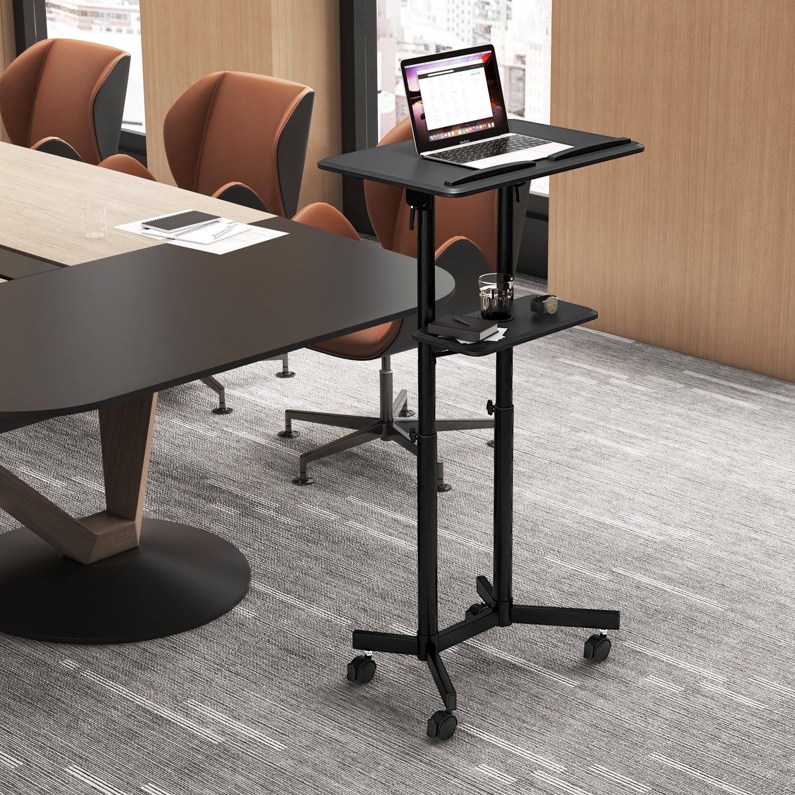 Giantex Adjustable Mobile Laptop Podium Stand - Rolling Height-Adjustable Standing Desk with Storage Tray & Tilting Desktop - Perfect for Home Office, Classroom, Church Lectern & Conference Presentations - Black