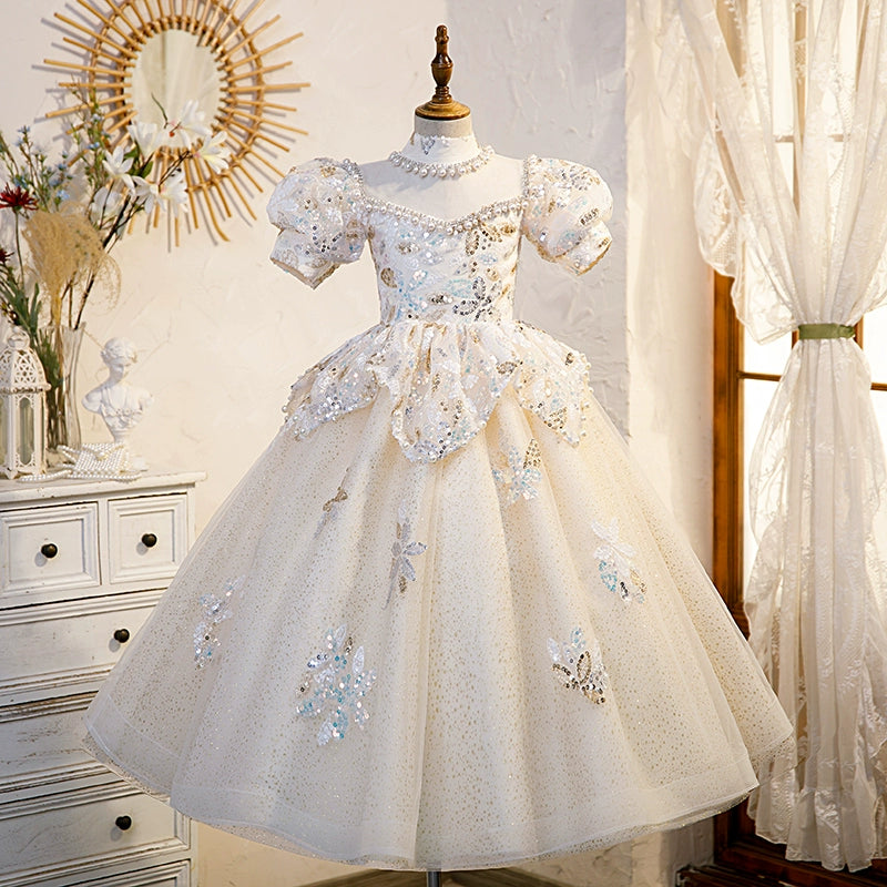 Champagne Princess Round Floor Length Sequined Flower Girl Dress for Weddings, Pageants & Special Occasions