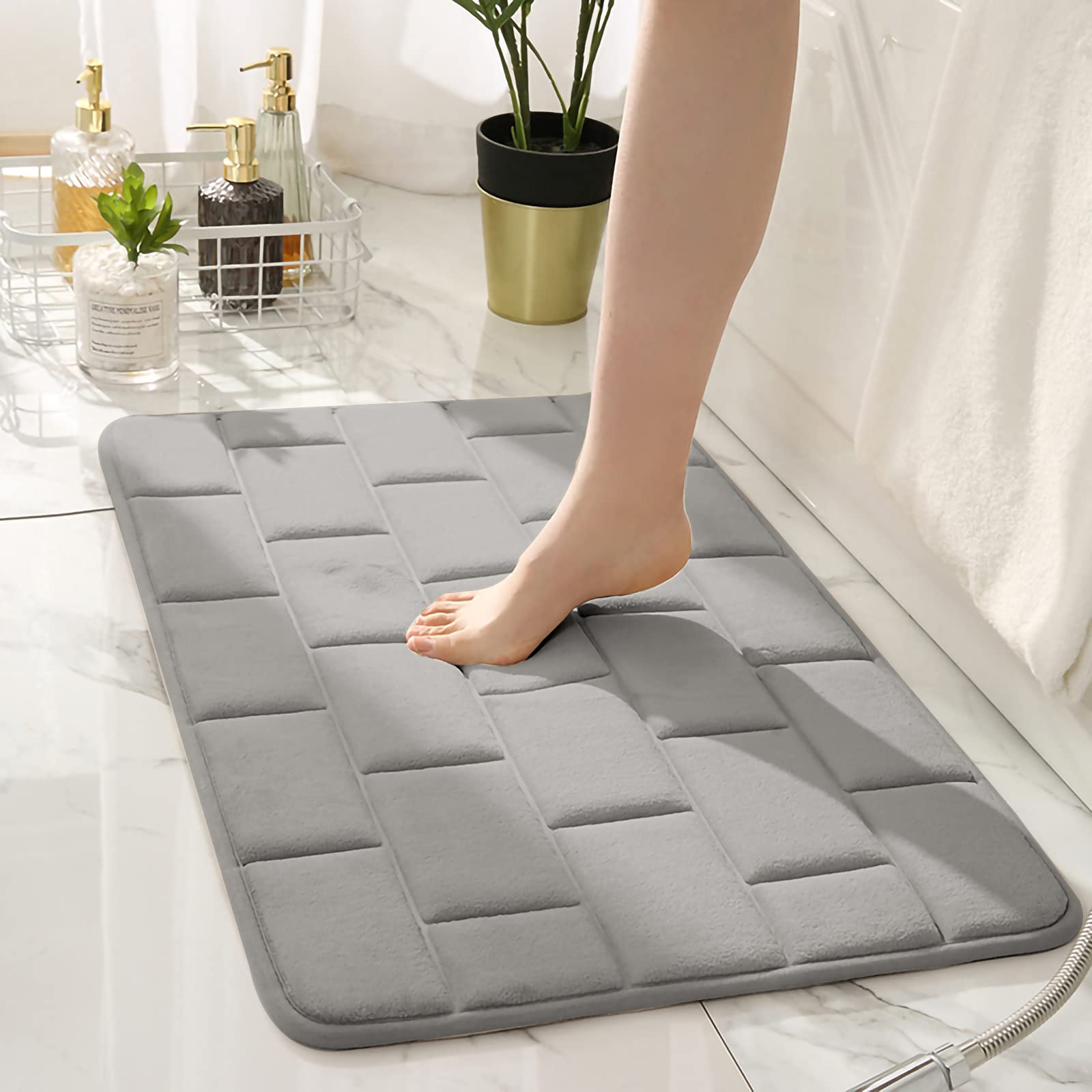 Eanpet Grey Non-Slip Memory Foam Bath Mat - Ultra Absorbent Machine Washable Bathroom Rug (16