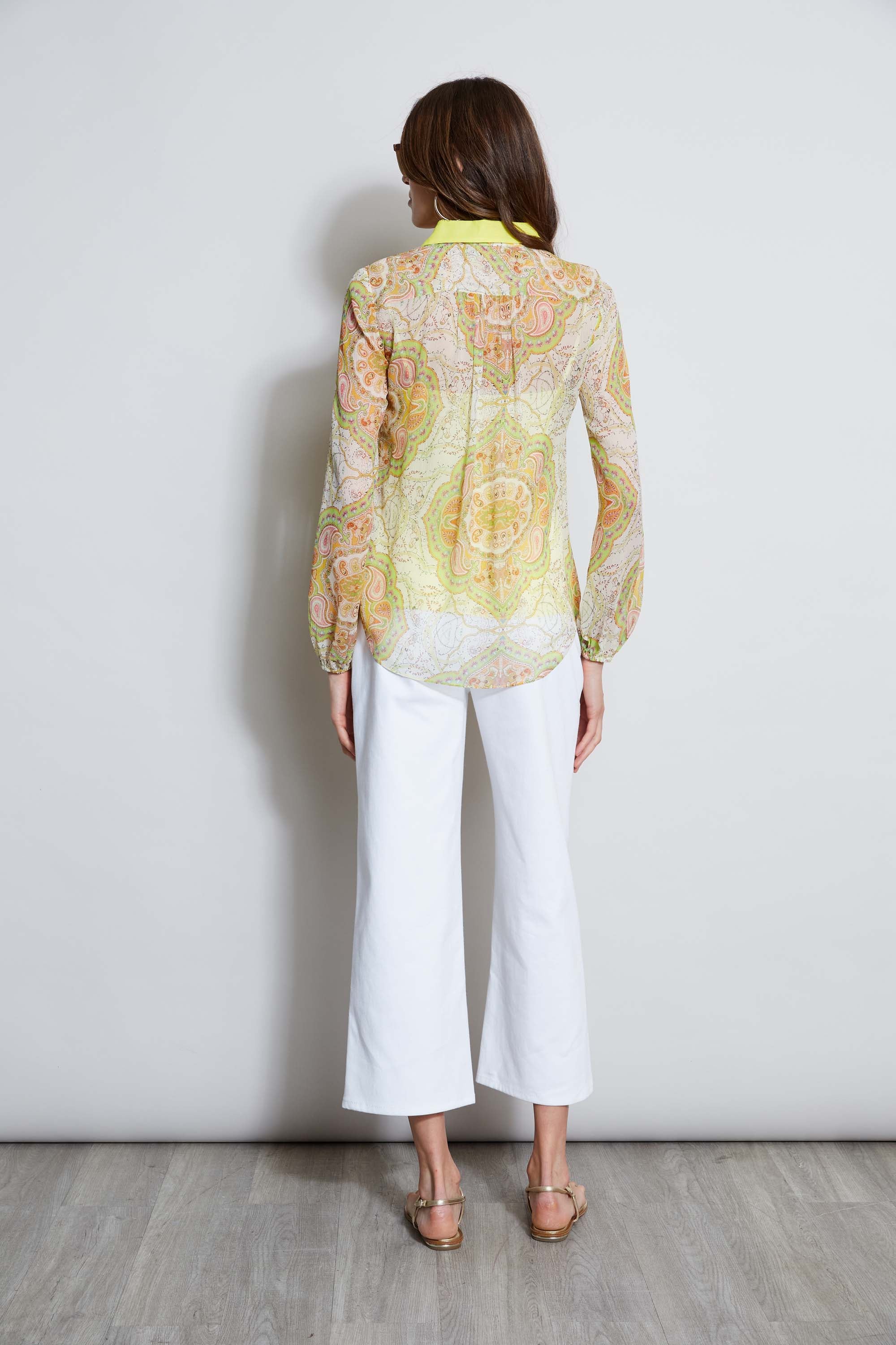 Silk Mosaic Tile Pattern Button Down Shirt for Women - Elegant Blouse for Office, Party & Special Occasions