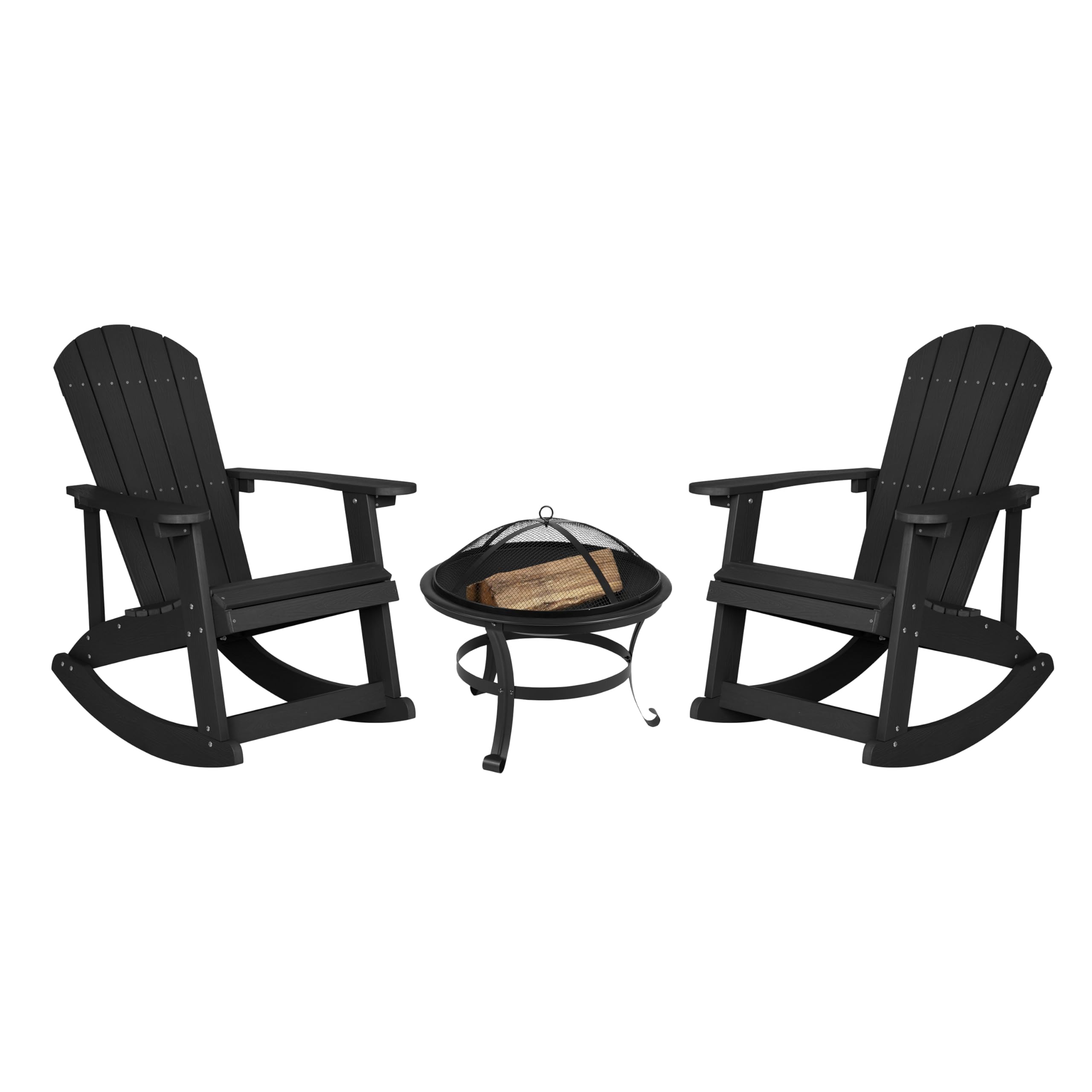 EMMA + OLIVER 2-Piece Marcy Adirondack Rocking Chairs with Fire Pit Set - Durable Black Polyresin Construction & Metal Wood Burning Fire Pit - Includes Spark Screen & Poker Tool - Perfect for Patio, Garden, Backyard, and Outdoor Relaxation