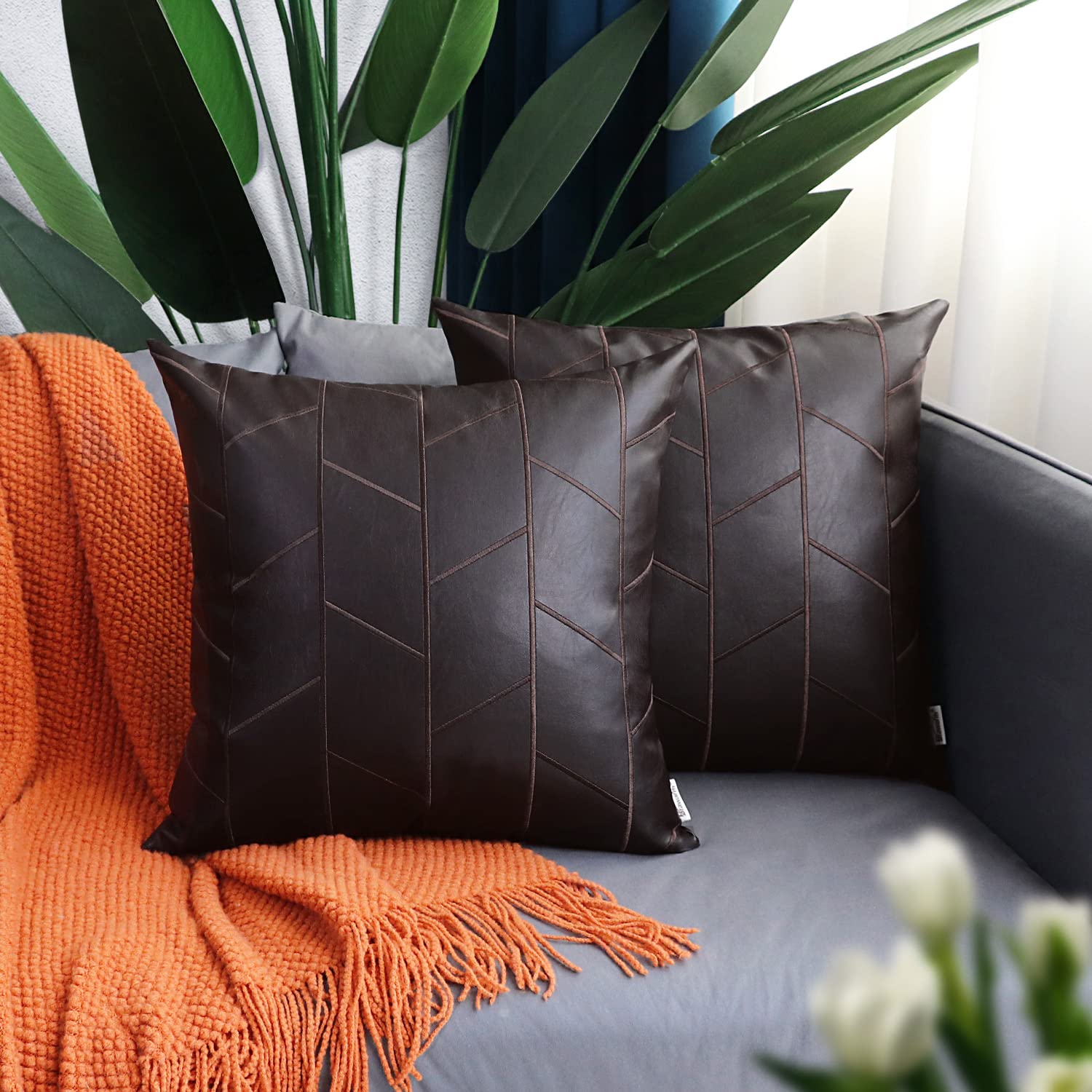 BRAWARM 16x16 Inch Faux Leather Pillow Covers Set of 2 - Brown Geometric Embroidery Decorative Throw Pillows for Couch, Sofa, Bed & Living Room - Home Decor Accent for Modern & Farmhouse Style