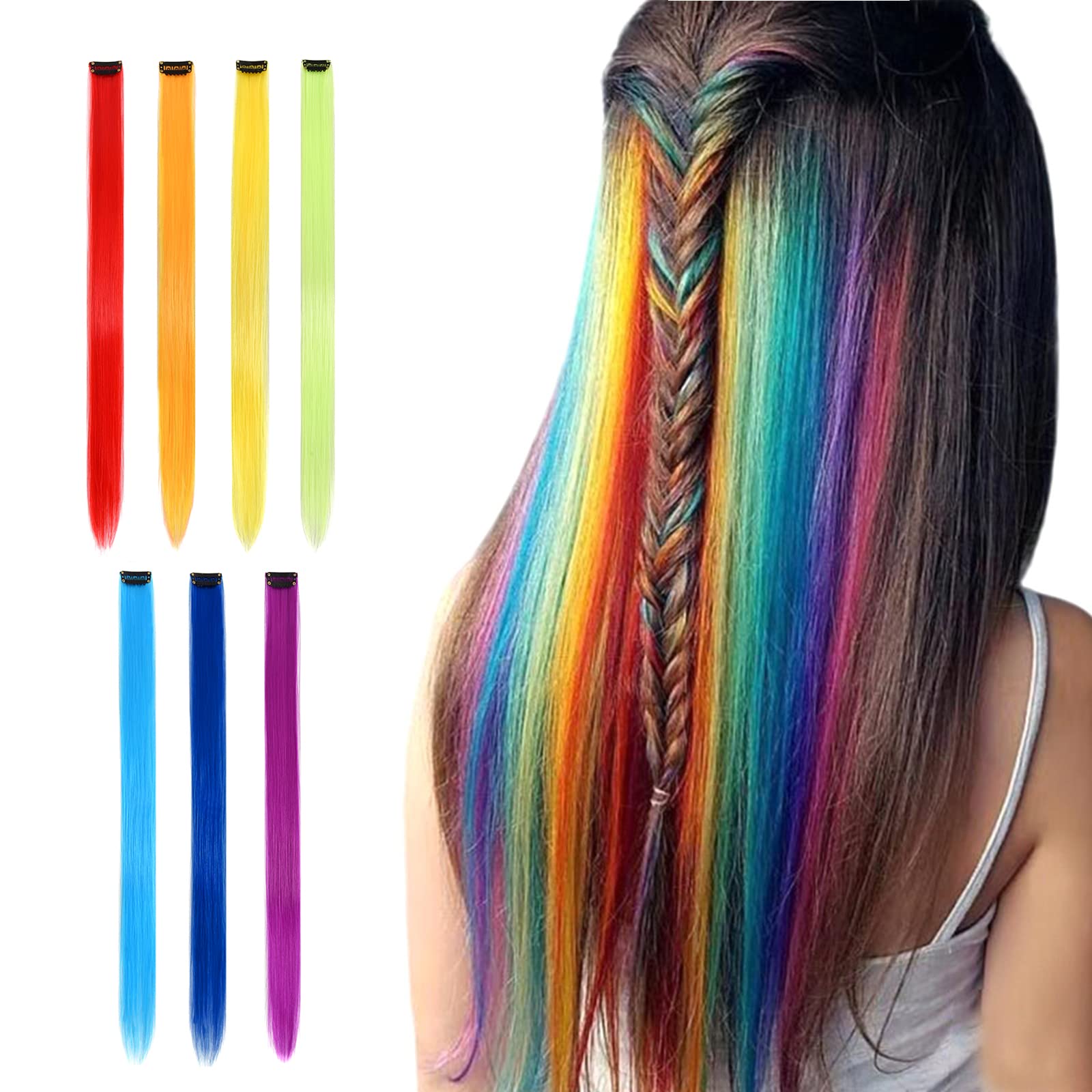 7 Pcs Clip In Hair Extensions 20 Inches - Multi-Colored Straight Synthetic Hair Extensions for Women, Girls & Kids - Heat Resistant, Can Be Curled with Hot Water - Perfect for Parties, Cosplay & Daily Styling (20 Inch, 7 Colors)