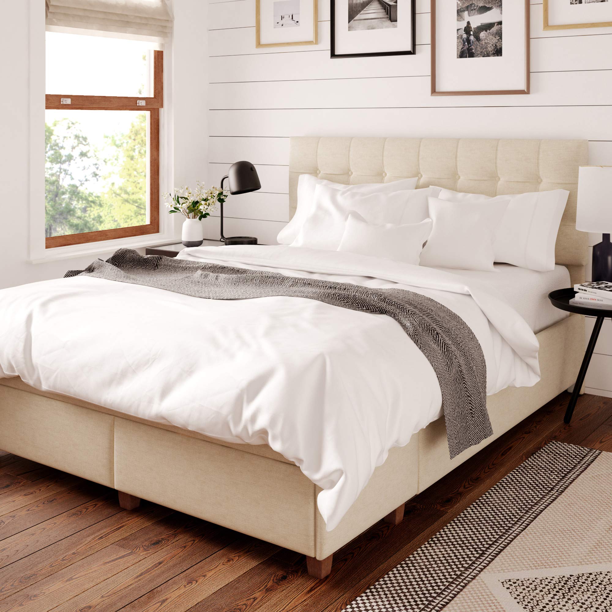 ClickDecor Edmond Queen Size Bed Frame with Storage - Modern Adjustable Height Headboard & Soft Fabric Upholstery in Beige | Perfect for Small Bedrooms & Guest Rooms with Storage Needs