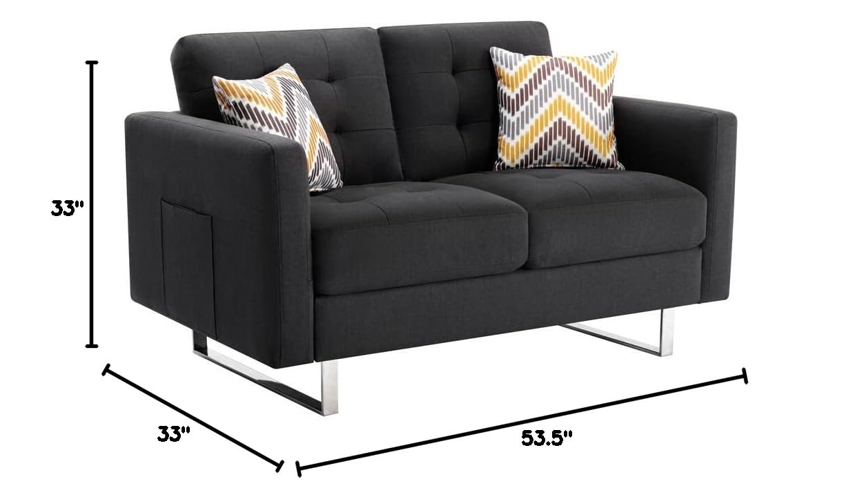 Lilola Home Victoria Dark Gray Linen Fabric Loveseat with Metal Legs, Side Pockets & Throw Pillows - Modern Small Space Sofa for Living Room, Apartment, Dorm or Office