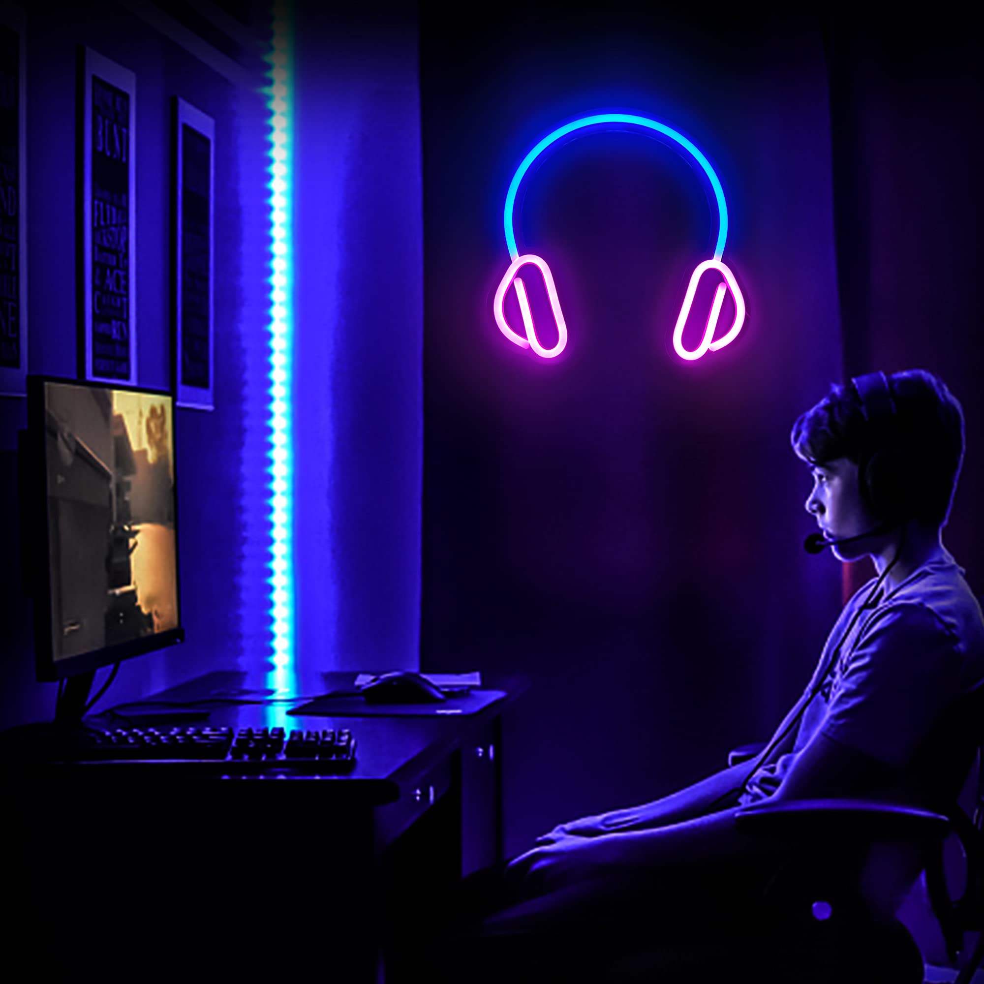 Vibrant LED Neon Headset Sign - USB/Battery Powered Wall Light for Gaming Room, Bedroom, Christmas, Halloween & Birthday Party Decor (NE-3) - Perfect for Gamers, Music Lovers & Night Light Enthusiasts