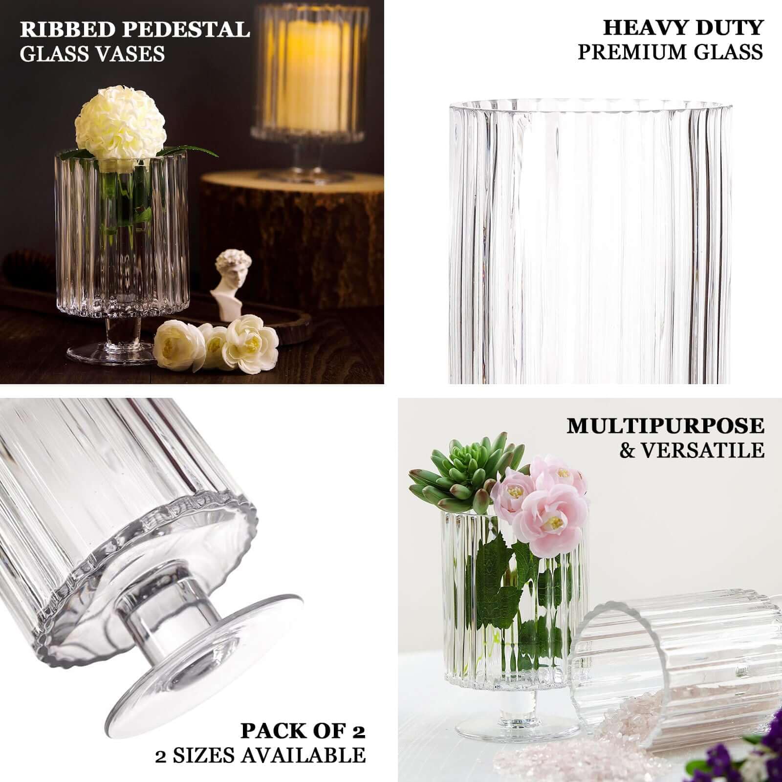 Efavormart 2 Pack 9 Inch Ribbed Glass Vases - Heavy Duty Clear Pedestal Candle Holders with Ridges for Wedding Centerpieces, Home Decor, and Party Decorations