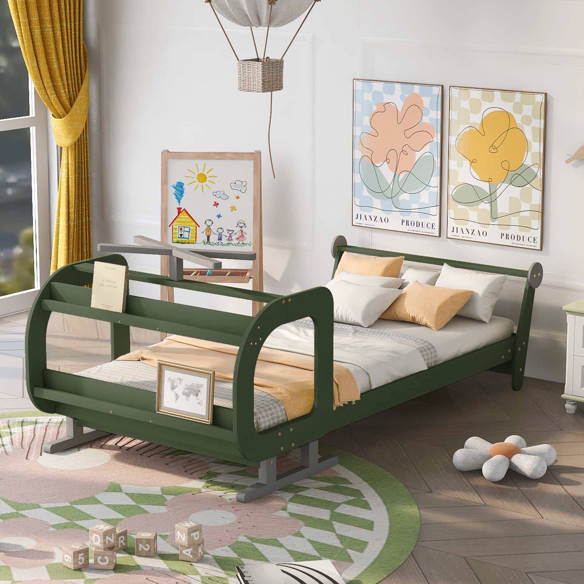 Furnicare Twin Size Airplane-Shaped Wooden Platform Bed with Rotatable Propeller - Kids Bed Frame with Storage Shelves & Slat Support for Boys & Girls - No Box Spring Needed - Green Wooden Twin Bed for Children's Room, Playroom & Themed Bedroom Decor