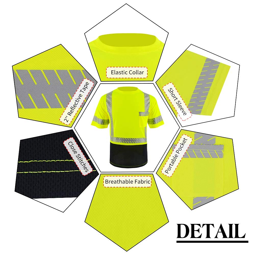 ANSI Class 3 High Visibility Safety Shirts with Reflective Strips - Black Construction Work Shirts for Men - Ideal for Road Work, Night Shifts & Hazardous Job Sites