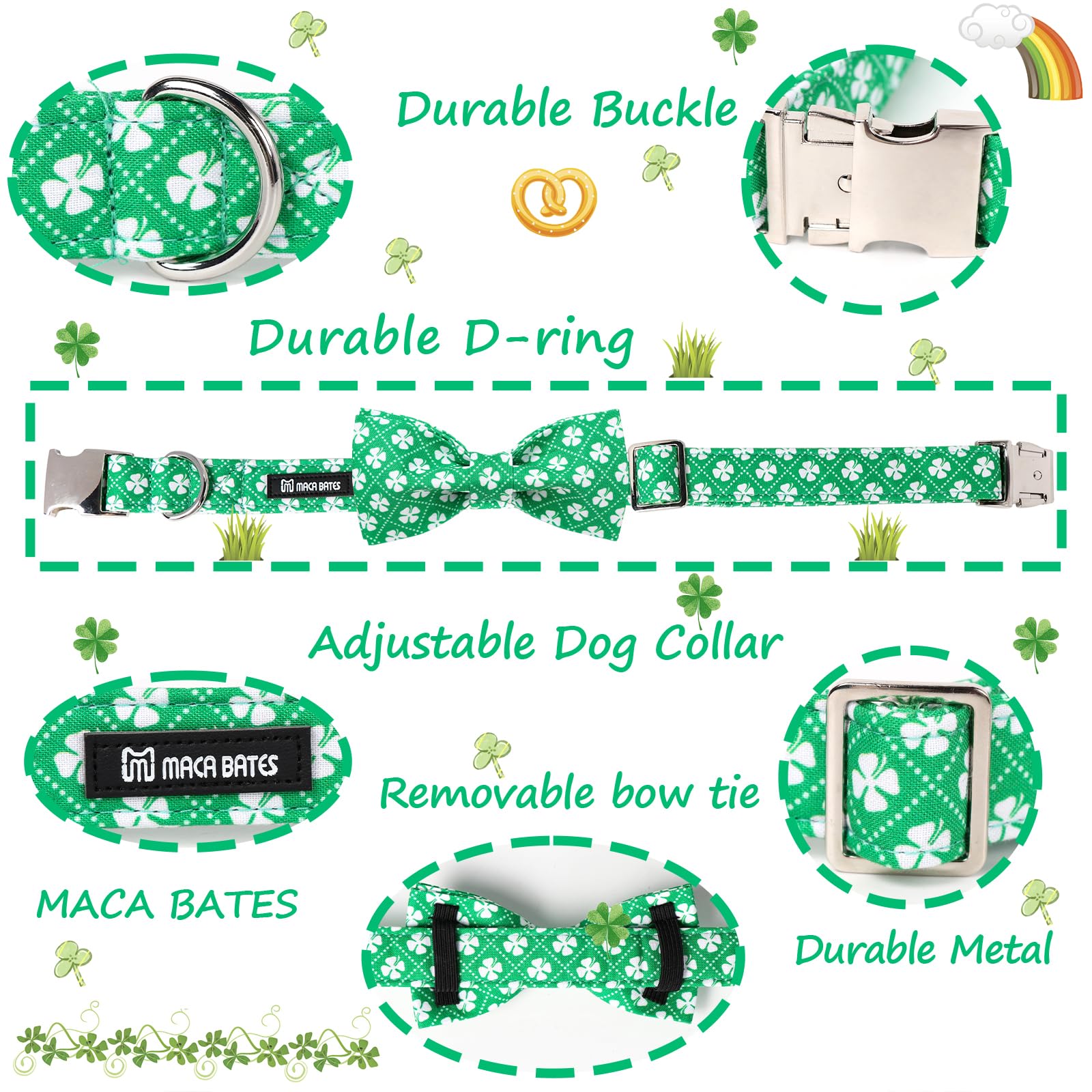 St. Patrick's Day Dog Collar with Adjustable Bow Tie - Irish Clover Shamrock Design in Verdant Green Checkered Pattern for Small, Medium & Large Dogs - Perfect for Puppy, Pet Costume Parties & St. Patrick's Day Celebrations
