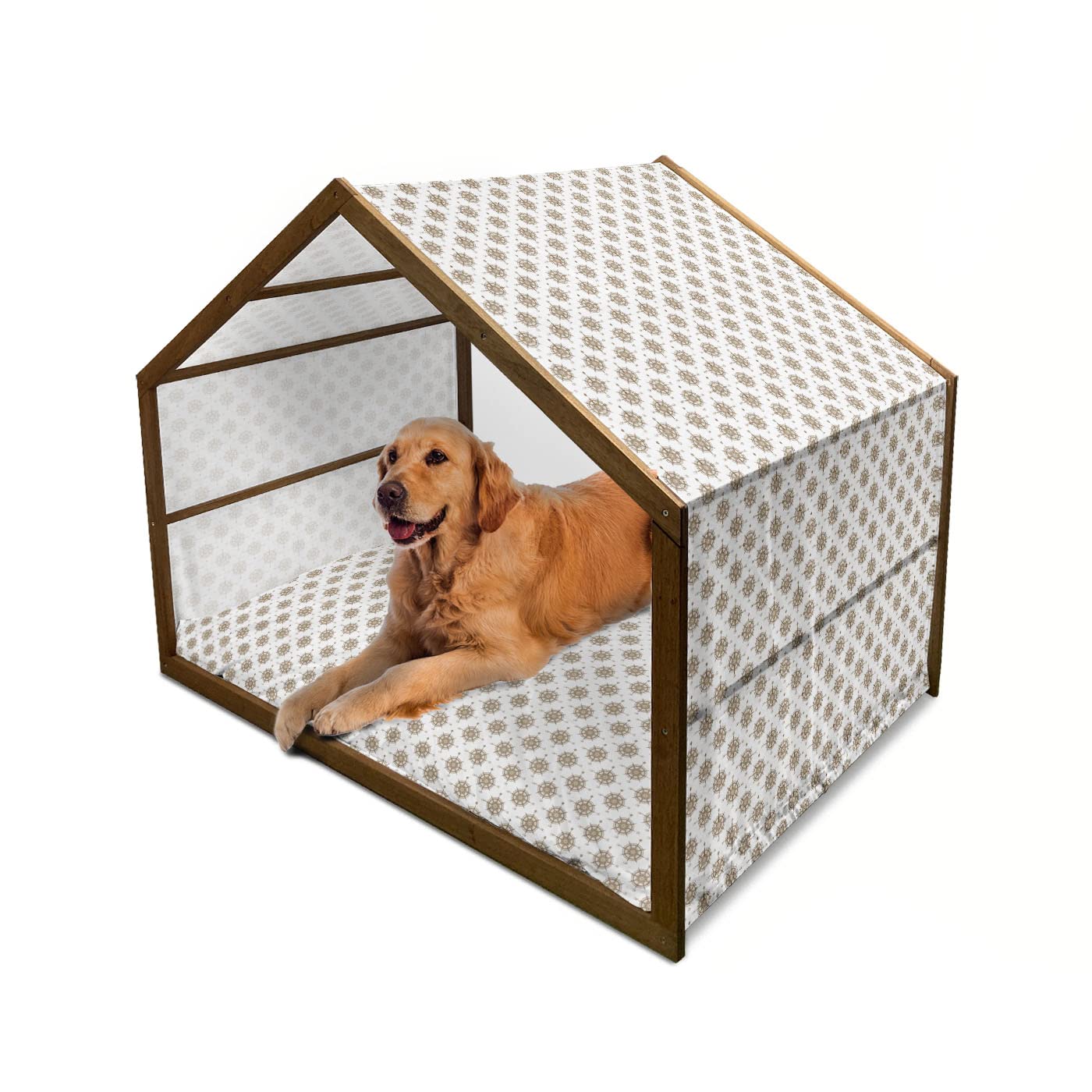 Ambesonne Vintage Nautical Wooden Dog House with Compass Design - Earth Tone Windrose Pattern Indoor/Outdoor Portable Pet Kennel with Removable Pillow & Cover - X-Large Size in Umber White | Perfect for Backyard, Patio, or Travel Use