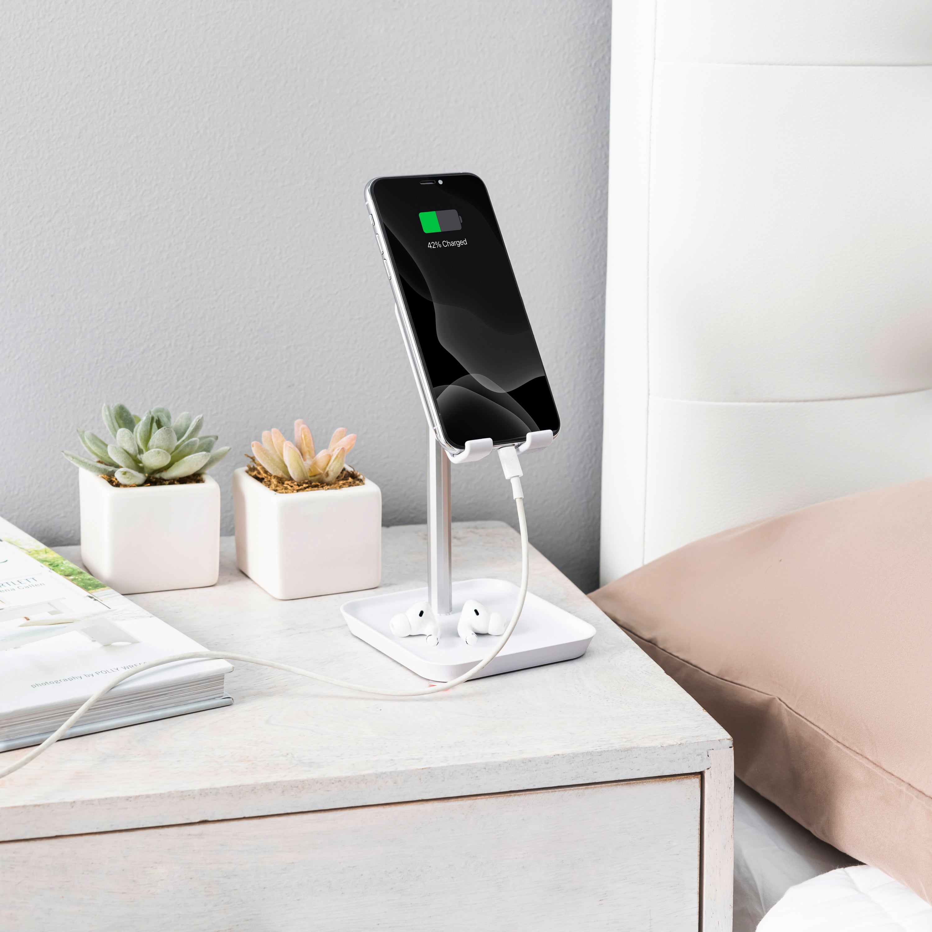 Premium Adjustable White Phone Stand Holder - Durable & Portable for Desk, Car, and Home Use - Perfect for Watching Videos, Video Calls, and Hands-Free Browsing
