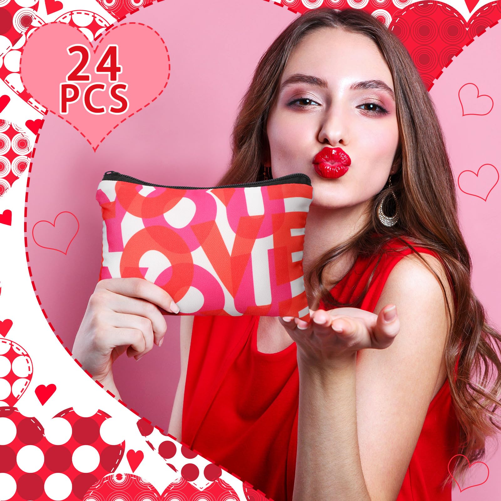 24 Pcs Valentine's Day Makeup Bags - Cute Cosmetic & Toiletry Zipper Pouches for Women | Perfect Gift Set for Valentine's, Travel, and Daily Organizing | Abbylike Beauty Essentials
