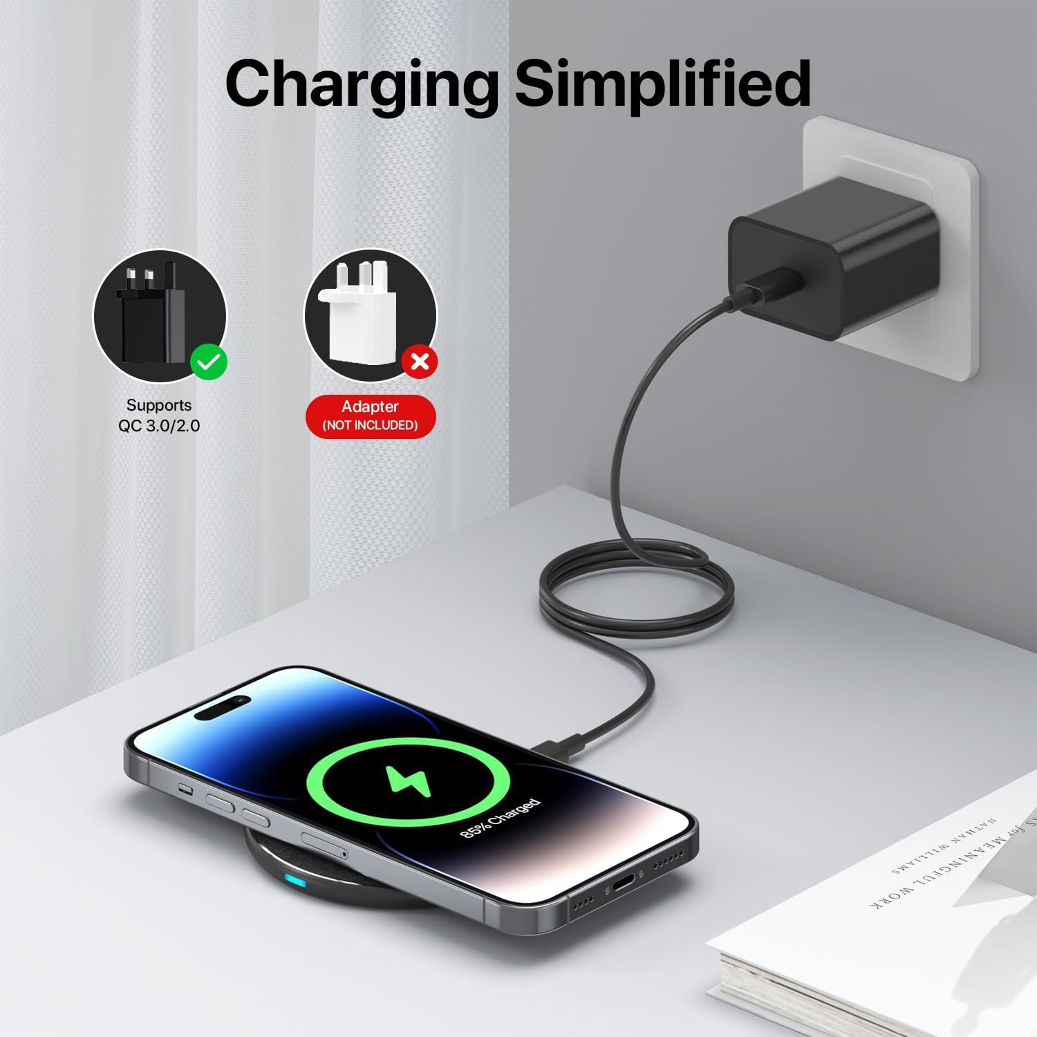 20W Fast Wireless Charging Pad for iPhone 12/13/14/15 & Samsung Galaxy S24/S23/S22/S21 - Qi-Certified Phone Charger Stand with LED Indicator | Perfect for Bedside, Office Desk & Car Use