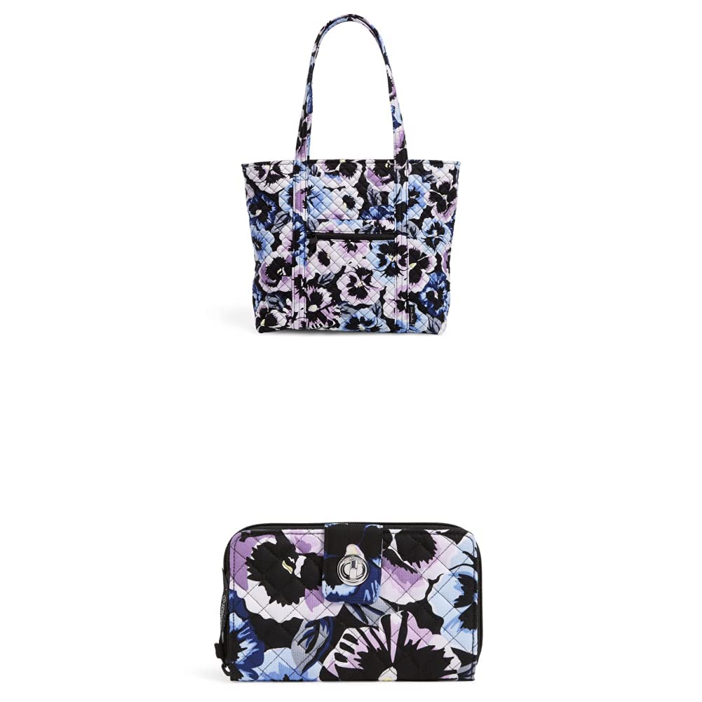 Vera Bradley Women's Recycled Cotton Tote Handbag & RFID Protection Wallet Set - Plum Pansies Floral Print, One Size US | Perfect for Work, Travel & Everyday Use