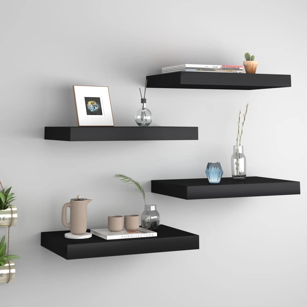 Modern Floating Wall Shelves Set of 4 - Black MDF Decorative Ledges 15.7
