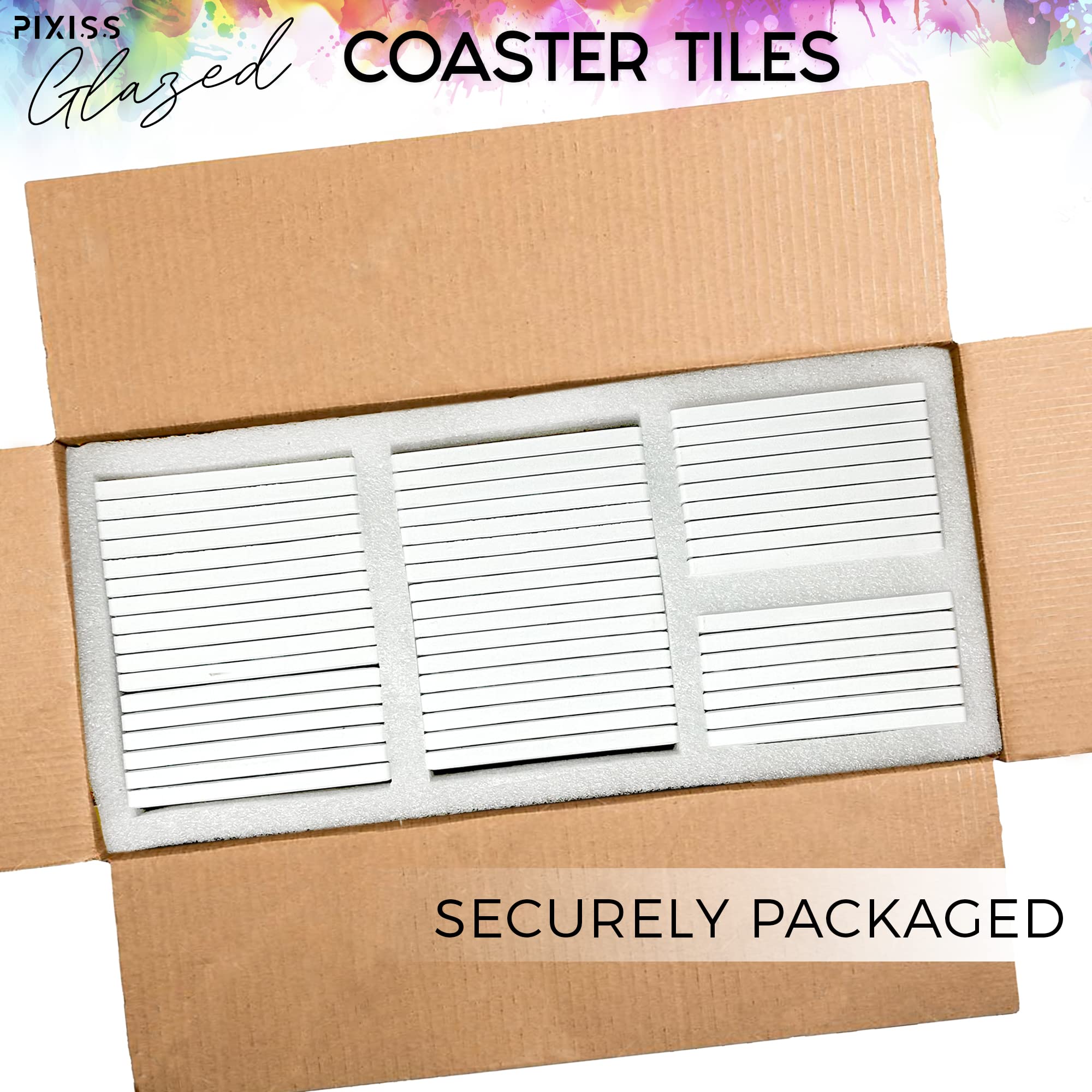 Pixiss 100-Pack 4x4 Inch Glazed Ceramic Coasters with Cork Backings - DIY Blank Square Tiles for Alcohol Ink, Acrylic Pouring & Painting - Perfect for Home Decor, Craft Projects & Party Supplies