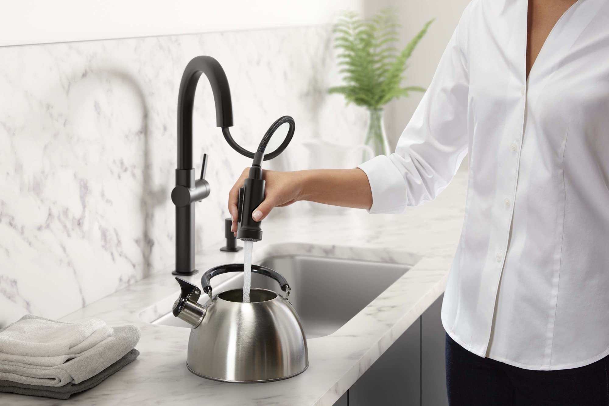 Kohler R22153-SD-BL Rune Single Handle Pull Down Sprayer Kitchen Faucet with Soap Dispenser, Matte Black - Modern Water Saving Design for Home & Restaurant Use
