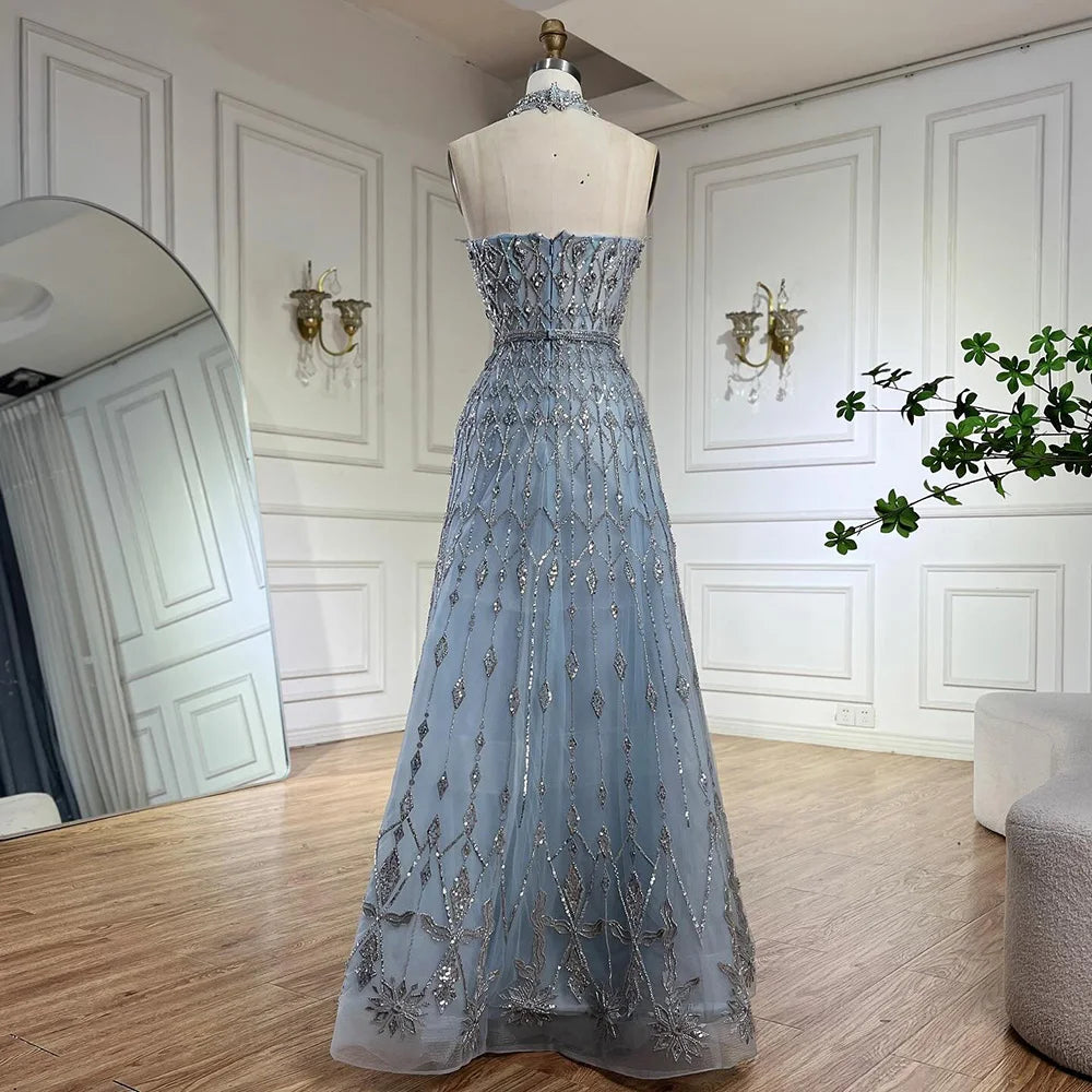 Luxury Dubai Arabic A-Line Elegant Blue Saudi Evening Gown with Beaded Details - Formal Occasion Abaya Dress for Weddings, Parties & Special Events LA72717