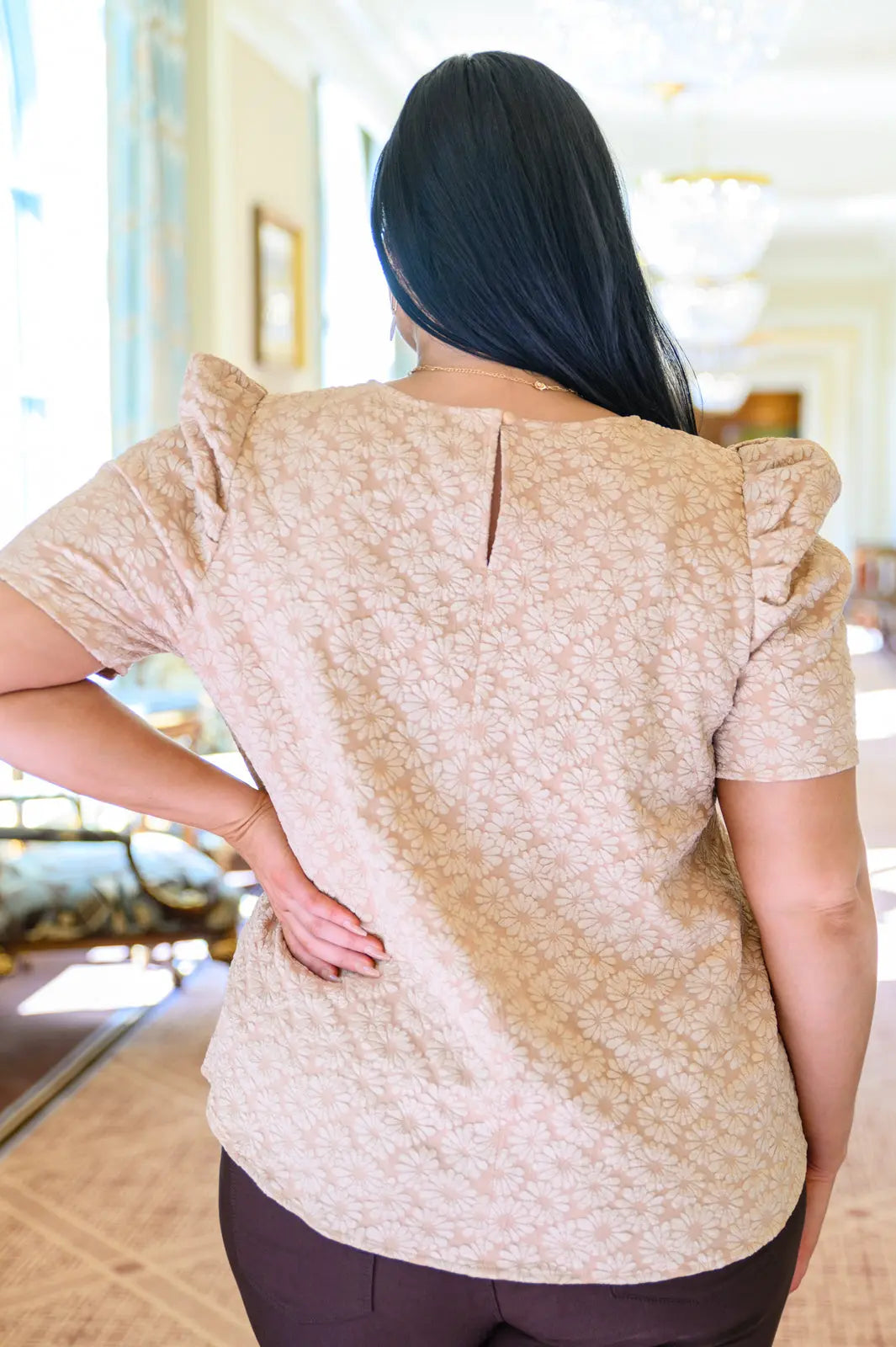 Kelsi Jacquard Puff Sleeve Blouse in Tan | Elegant Women's Fashion Top for Work, Date Night & Special Occasions